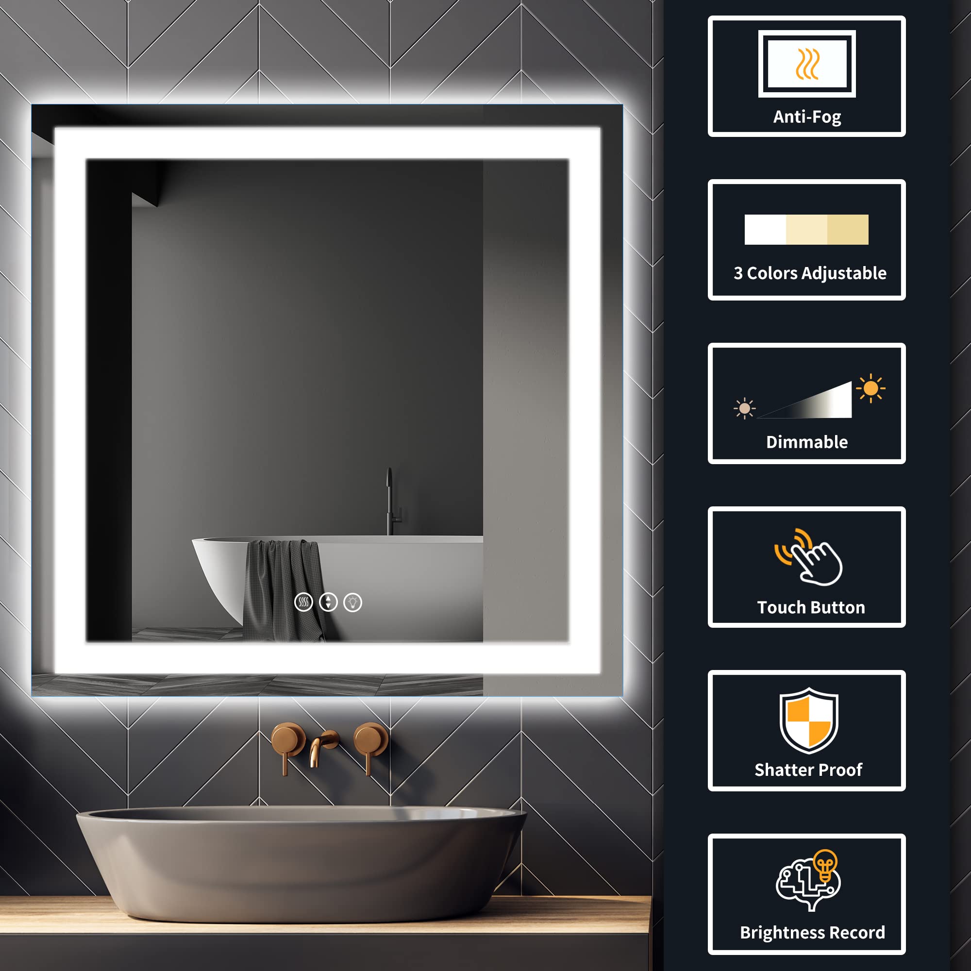 ISKM Led Bathroom Mirror 36x 36 Inch Front and Backlit Square Mirror for Wall Anti-Fog Dimmable Memory Function Mirror Waterproof and Shatter-Proof Makeup Mirror