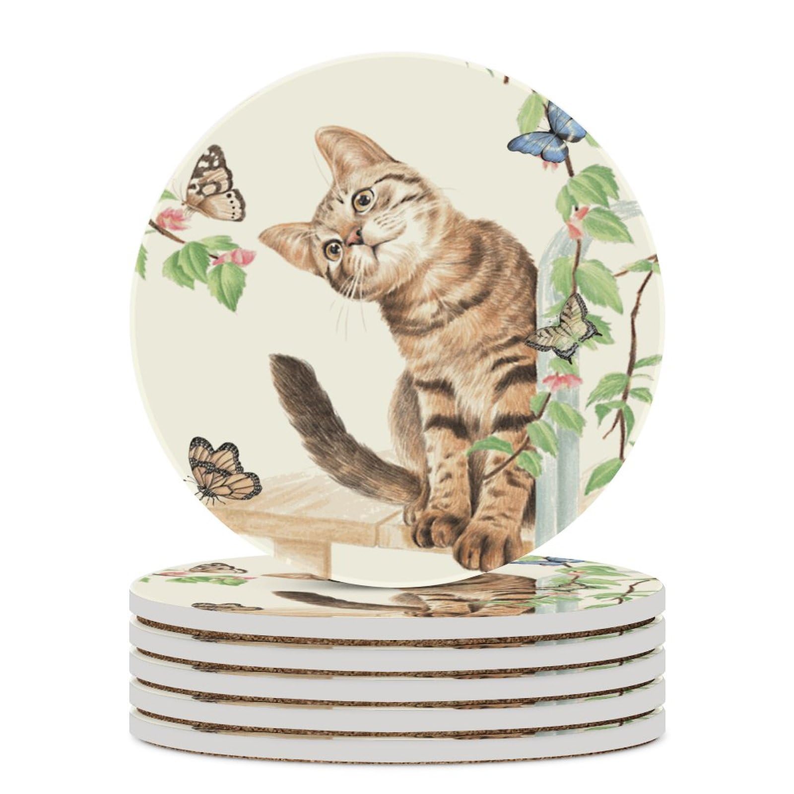 Cat With Butterflies Coasters For Drinks Set Of 6, 4 Inch Absorbent Diatomite Ceramics Coasters For Coffee Table With Cork Base