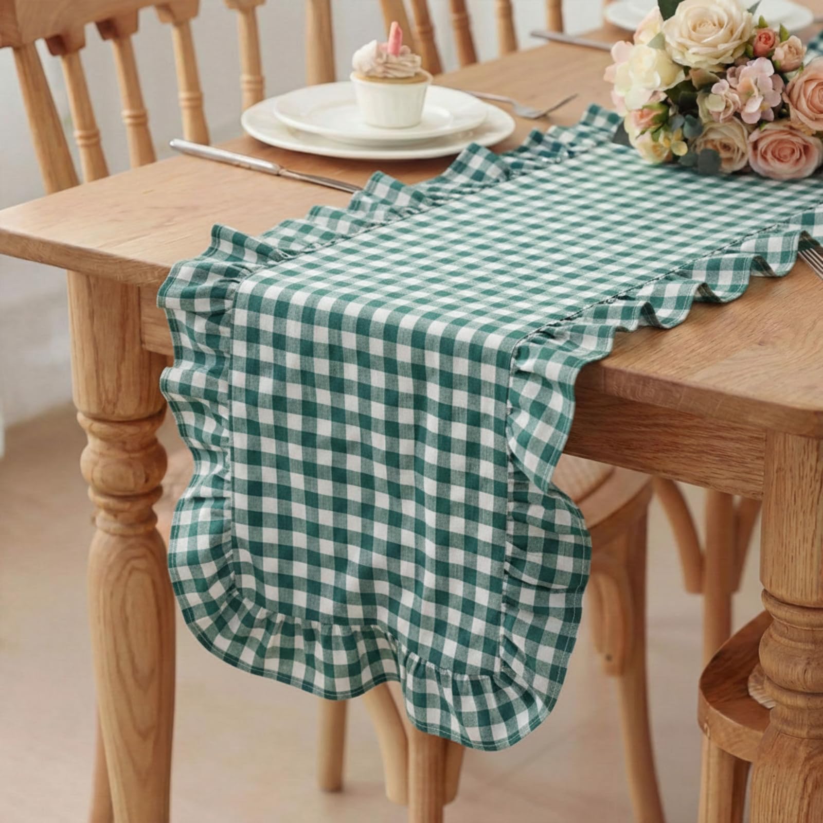 HunnmingRe 1 Pcs Dark Green Plaid Gingham Ruffle Table Runner 72 x 13.8 Farmhouse Table Runner 100% Cotton Scalloped Long Dres