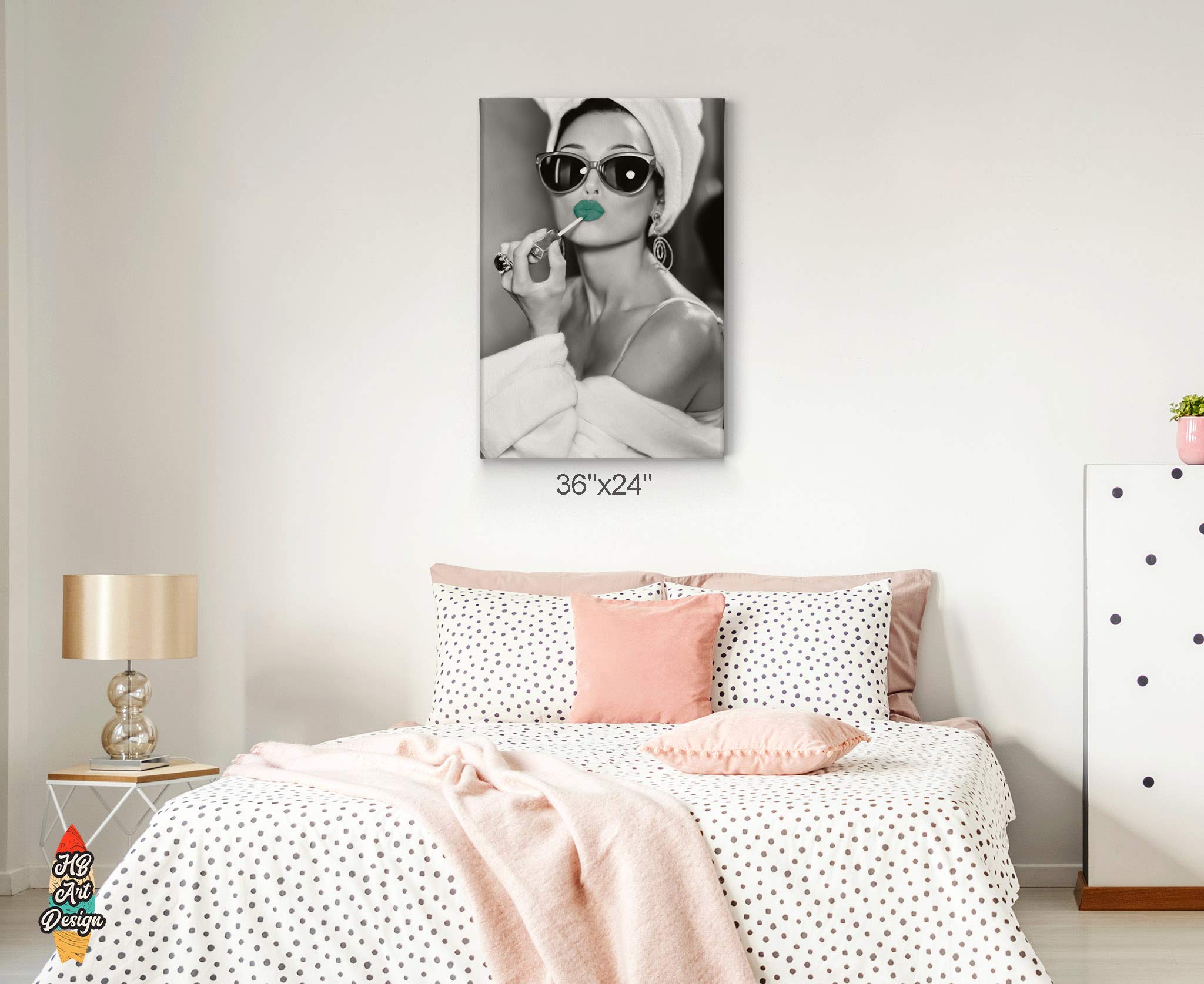 Hb Art Design Audrey Hepburn Style Wall Art Green Lips Canvas Print Lipstick Makeup Iconic Pop Art Glam Fashion Black And White