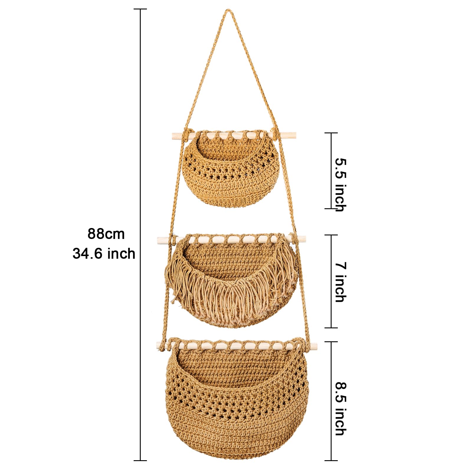 Lawei 3 Tier Hanging Fruit Basket, Wall Hanging Vegetable Fruit Baskets Cotton Woven Storage Baskets For Organizing, Boho Wall B