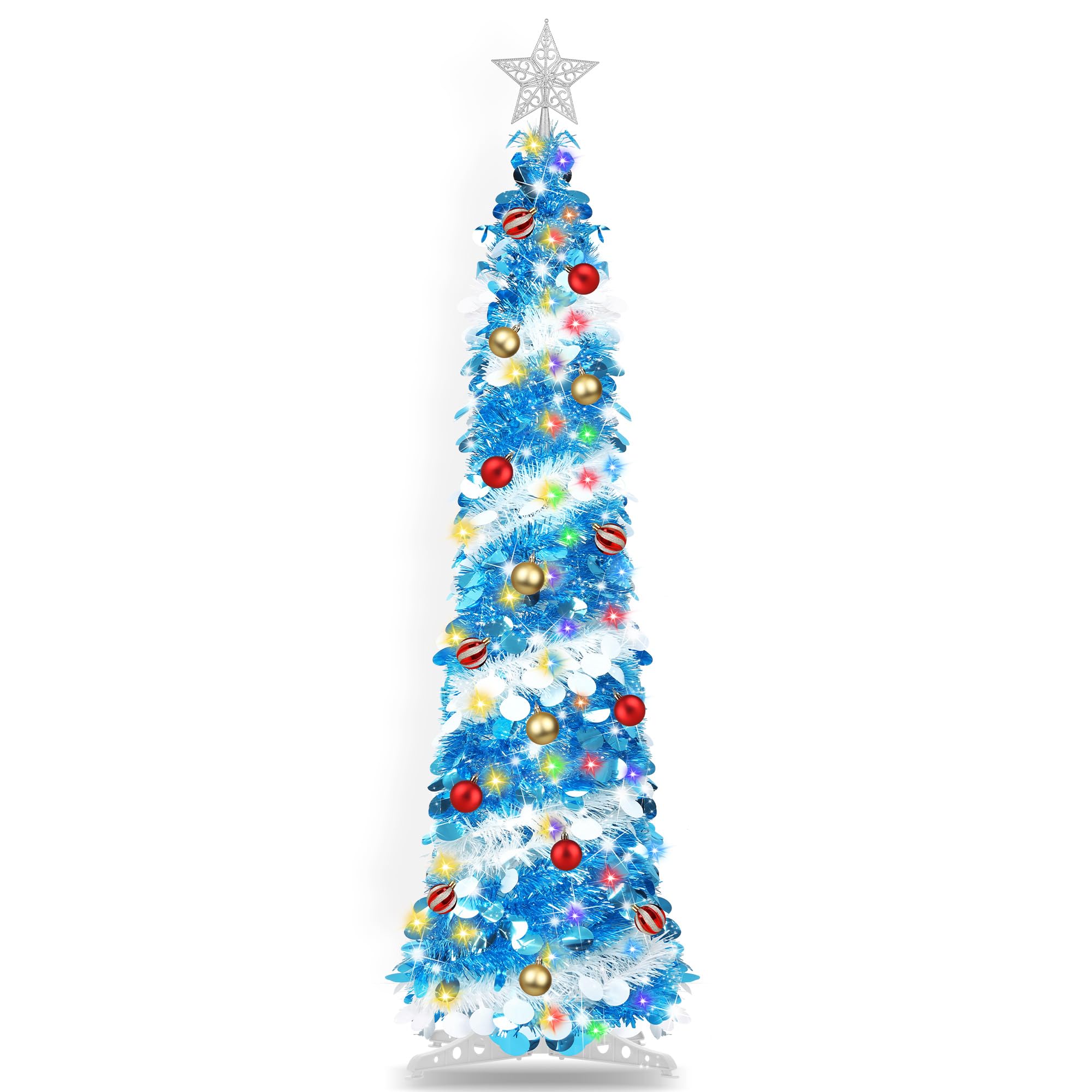 5FT Pop Up Christmas Tree with Timer 60 Warm White & Multi Color Fairy Light 3D Star 15 Ball Ornament, Blue White Tinsel Christm