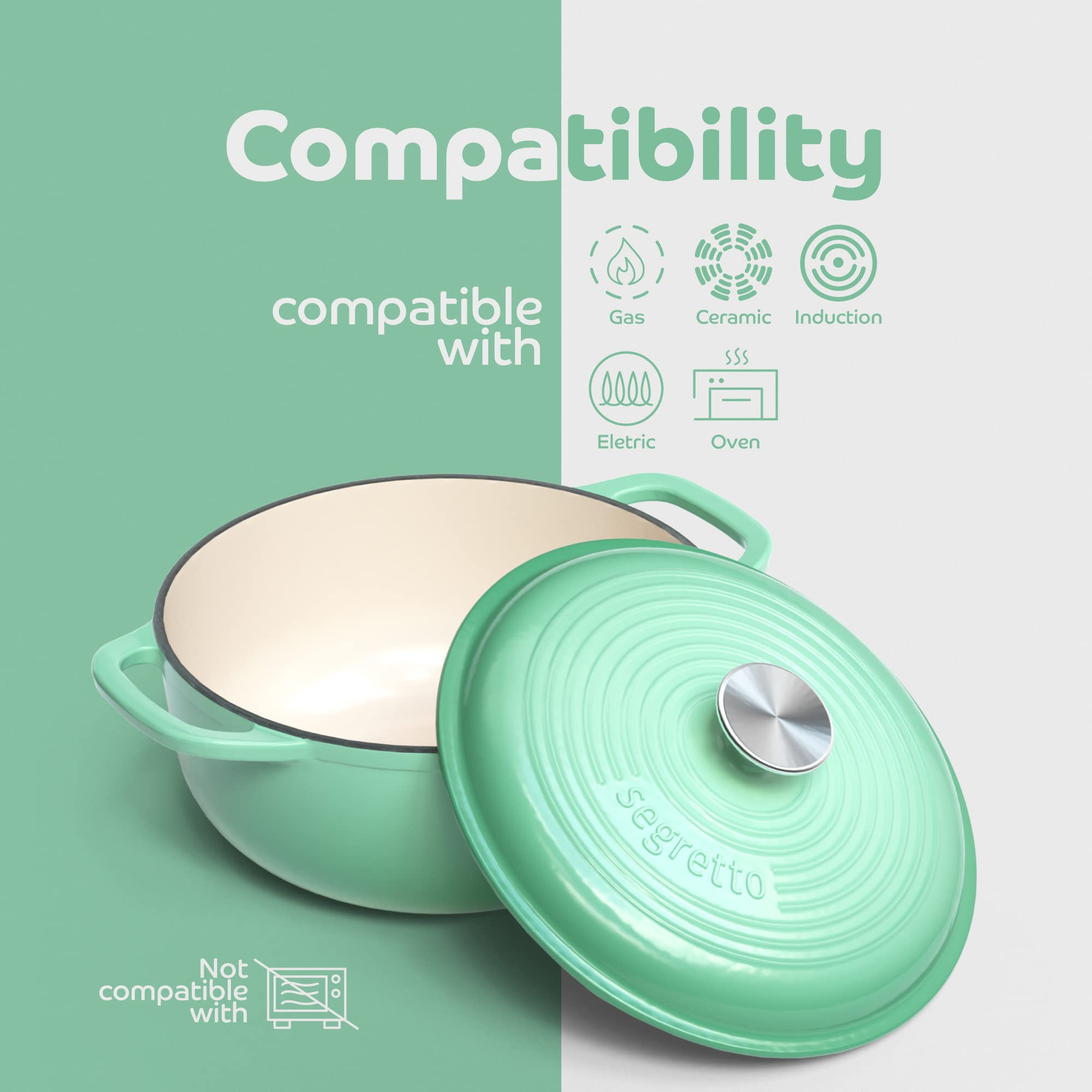 Segretto Cookware Enameled Cast Iron Dutch Oven With Handle, 4.57 Quarts, Verde Chiaro (Gradient Green) Oven Safe Dutch Oven Pot