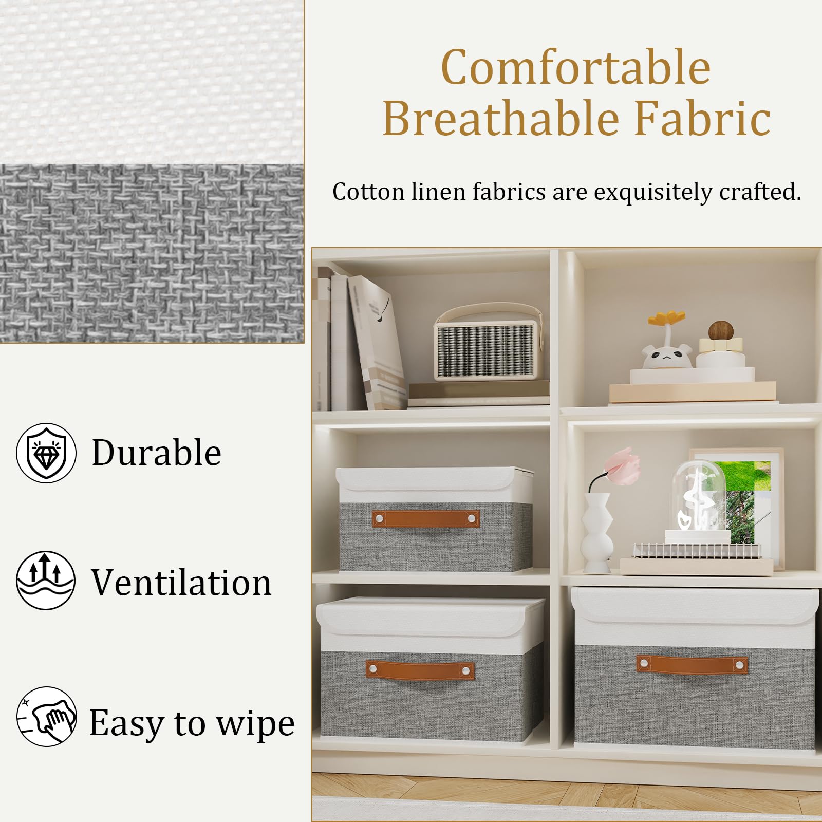 OUTBROS Foldable Storage Boxes with Lids Large Linen Fabric Foldable Storage Boxes Organizer Closet Organizers for Clothes Storage  Office Storage 15 x 9.8 x 9.8 inch White/Grey 5-Pack