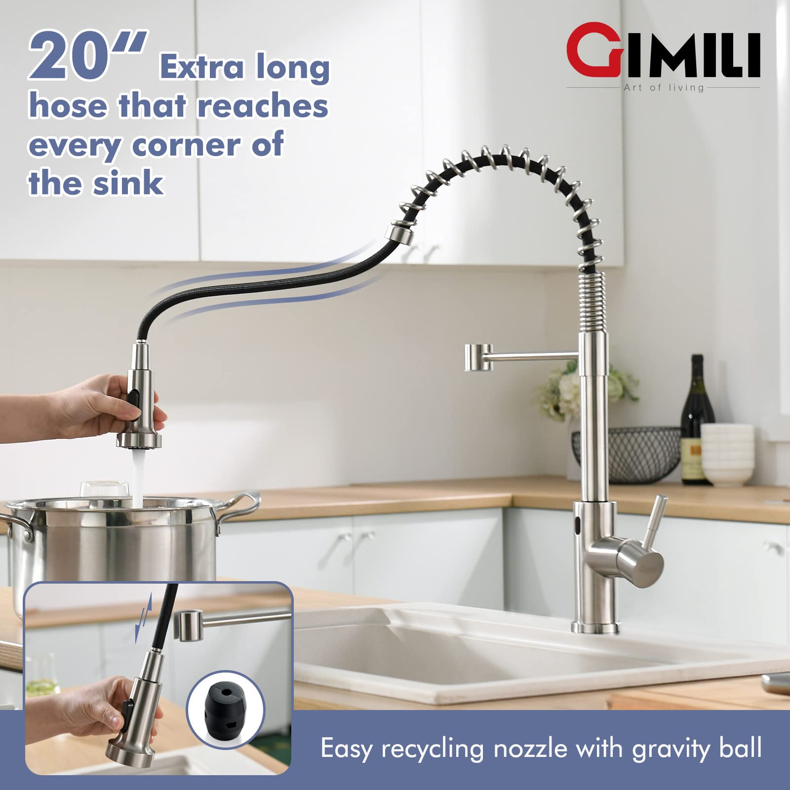 GIMILI Touchless Kitchen Faucet with Pull Down Sprayer  Motion Sensor Smart Hands-Free Activated Single Hole Spring Faucet for Kitchen Sink  Brushed Nickel