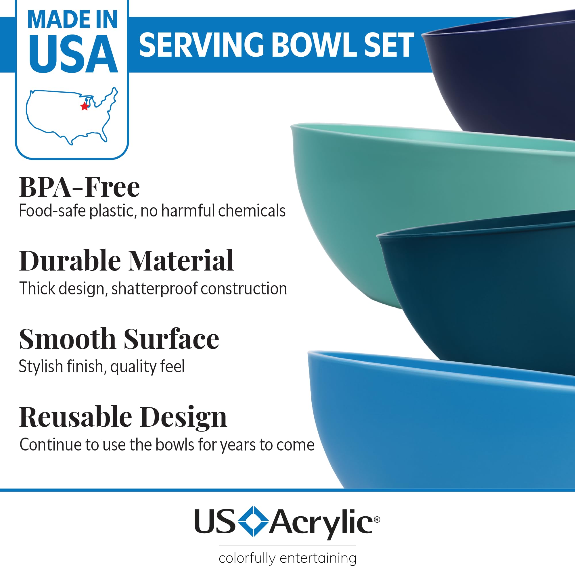 Us Acrylic Vista Durable Plastic Salad And Serving 10-Inch Bowls | Set Of 4 In Coastal Colors | Reusable, Bpa-Free, Made In The