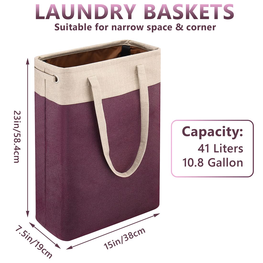 i BKGOO Laundry Basket with Handles Beige&Burgundy Slim Laundry Bin Collapsible Dirty Clothes Basket Narrow Laundry Bag Foldable Dirty Hamper for Camping  Dorms  Apartments