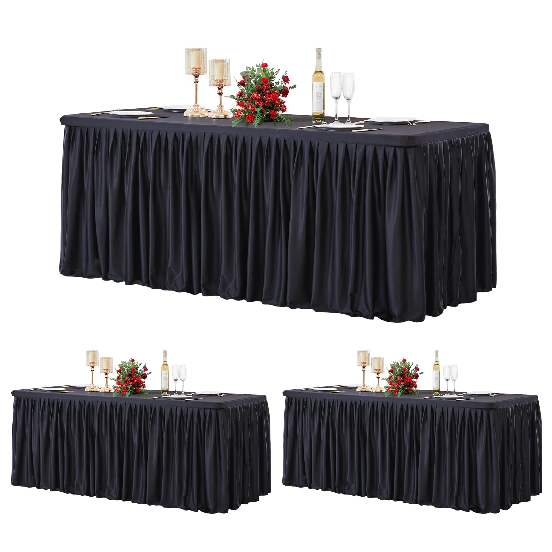 3 Pack Black Polyester Table Clothes For 6 Foot Rectangle Tables, Wrinkle Free Fitted Table Cover With Pleated Ruffle Table Skir