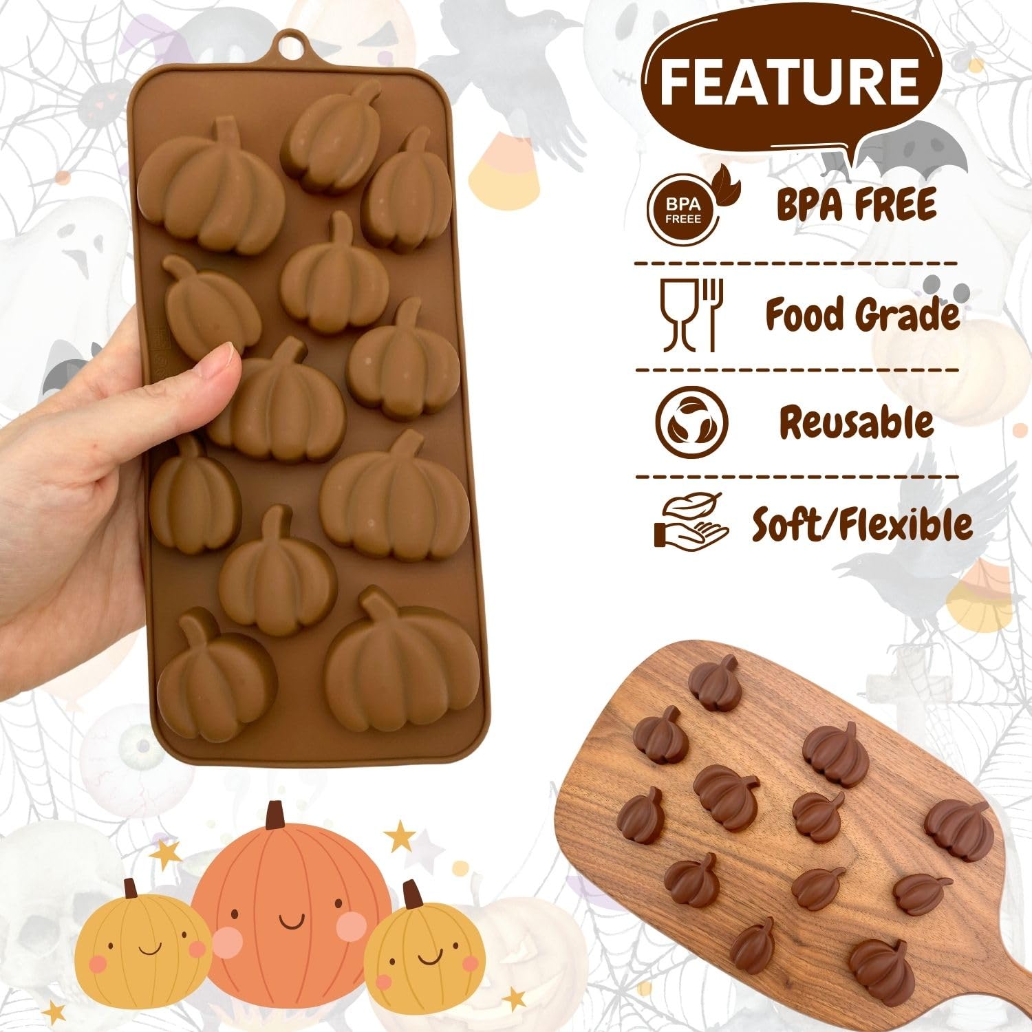 Orapink 1 Piece Pumpkin Silicone Chocolate Molds Different Shape Pumpkin 3D Chocolate Candy Moulds for Halloween, Thanksgiving D