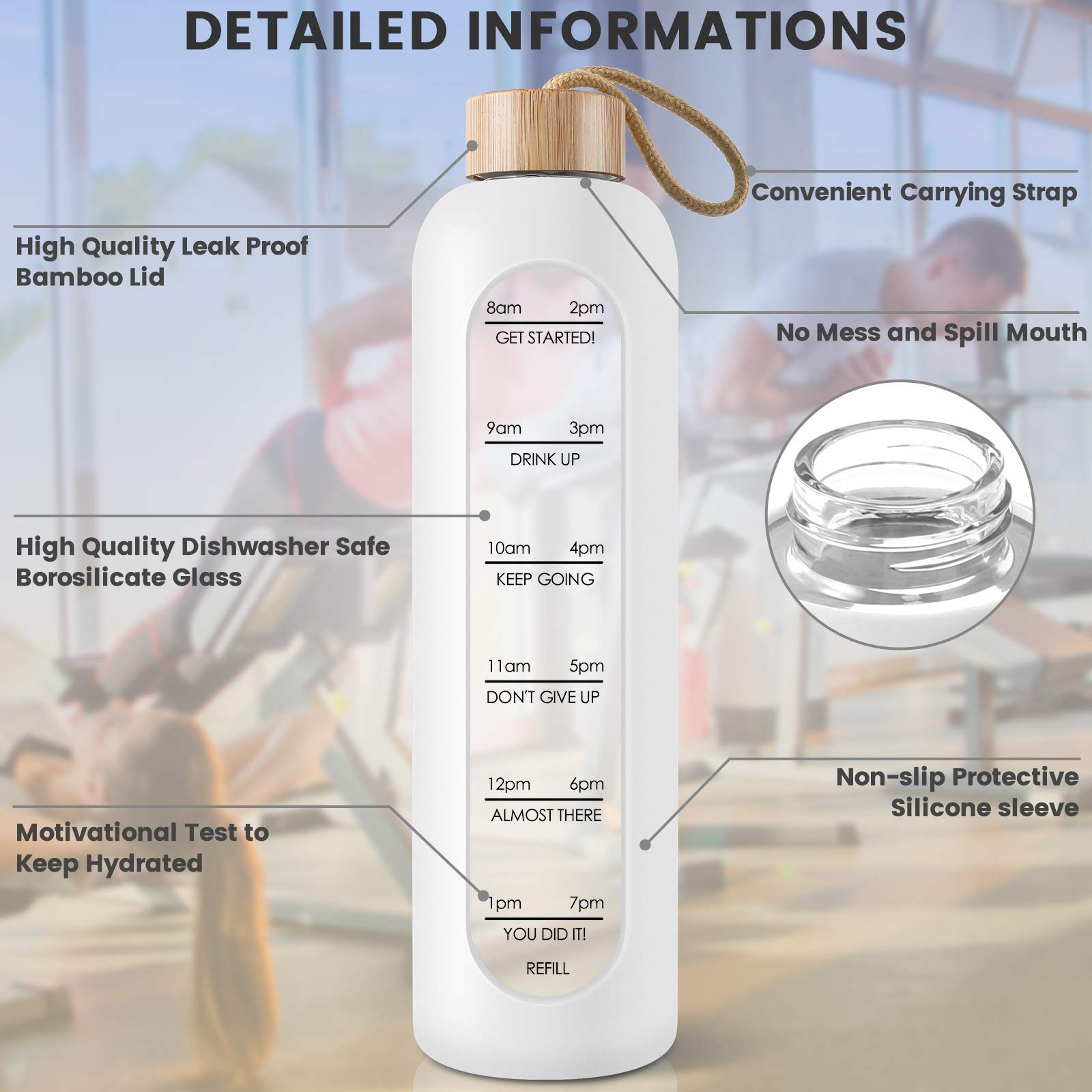 Probttl 32 Oz Borosilicate Glass Water Bottle With Time Marker Reminder Quotes, 1 Liter Leak Proof Reusable Bpa Free Motivationa