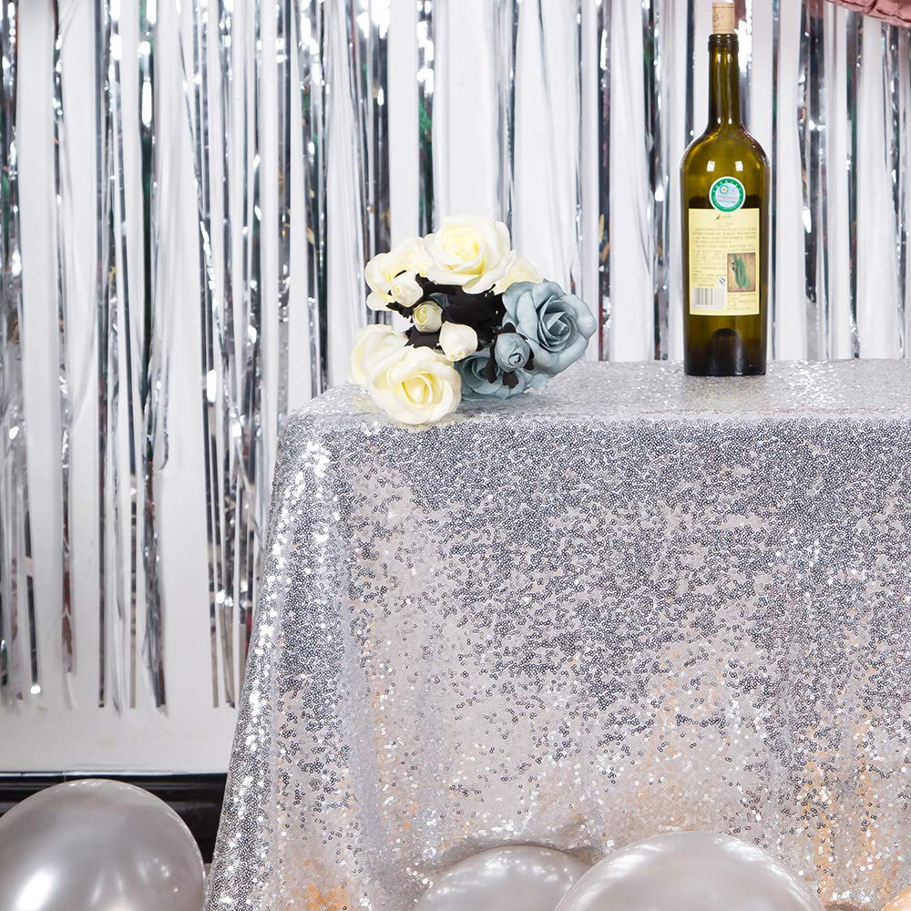 Jyflzq Silver Sequin Tablecloth 50 X 50 Square Sparkly Drape Table Cloths Table Cover Overlay For Wedding Birthday Party Baby Br