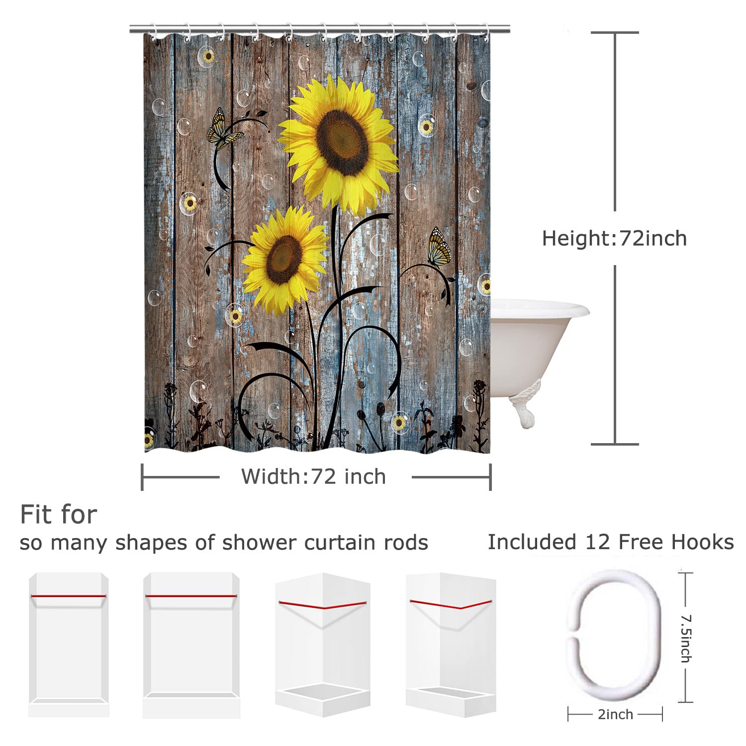 Rosielily Sunflower Shower Curtain, Country Shower Curtain, Rustic Yellow Floral On Brown Door Fall Autumn Farmhouse 72W X 72H I
