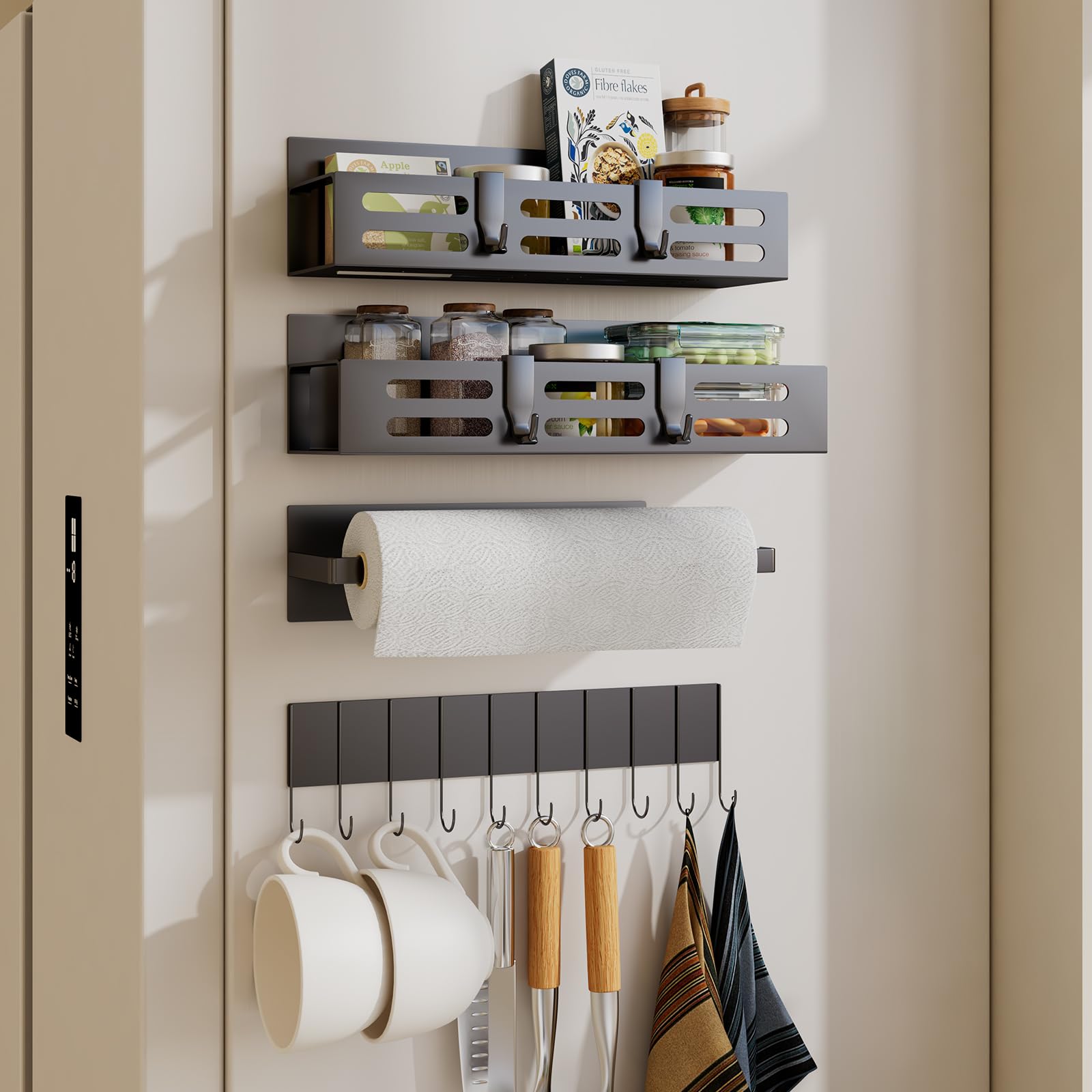 SETBAOO 4 Pack Magnetic Spice Rack for Refrigerator with 4-Hook Rack and Paper Towel Holder, Black Magnetic Shelf and Fridge Kit