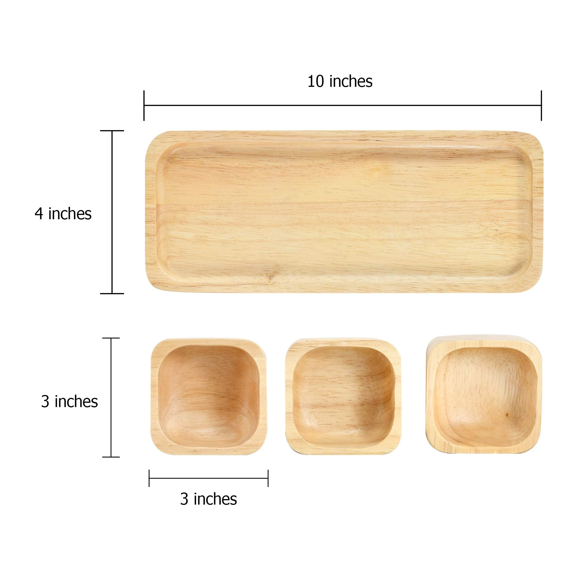Aeravida Functional Kitchen D  Cor Snack Plate With Three Square Bowl Natural Brown Rubber Tree Wood Set | Wooden Square Bowls F