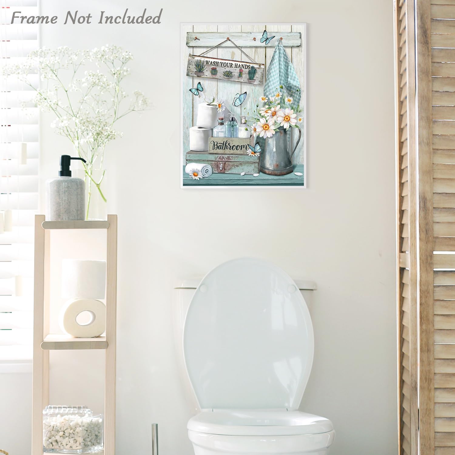 Dazzlewall Farmhouse Bathroom Decor Wall Art Rustic Teal Flower And Butterfly Pictures Wash Your Hands Sign Artwork For Bathroom