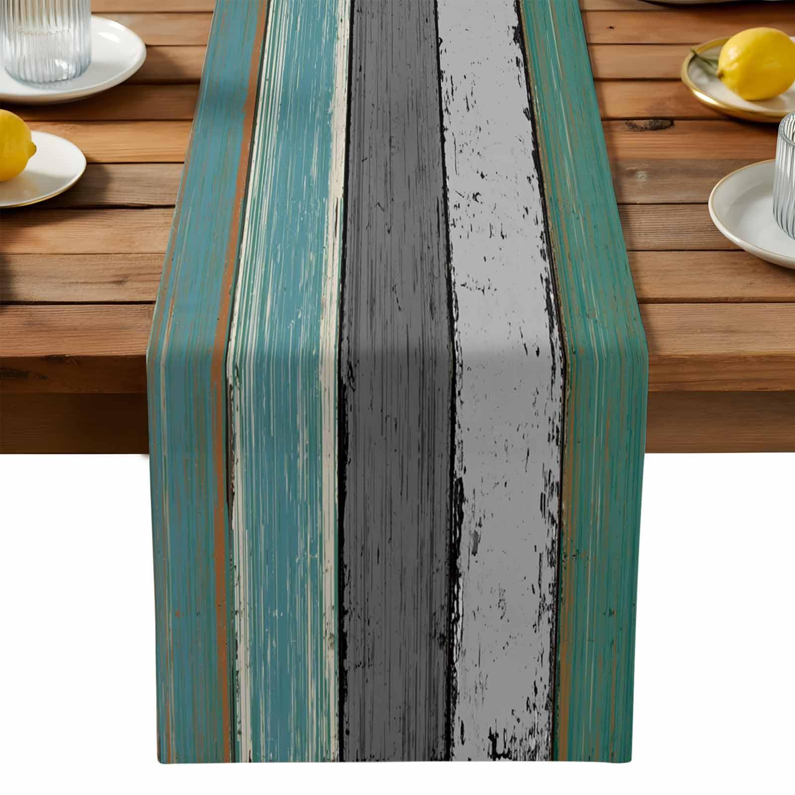 Farmhouse Cotton Linen Table Runner Dresser Scarf Extra Long 120 inches- Retro Rustic Barn Wood Texture Ombre Sea Teal Green Gra