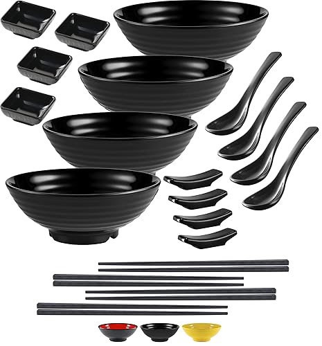 Practimondo 4 Noodle Bowls Set - Large 32Oz Ramen Bowl Set For Authentic Asian Cuisine - With Dipping Bowls, Spoons, Chopsticks