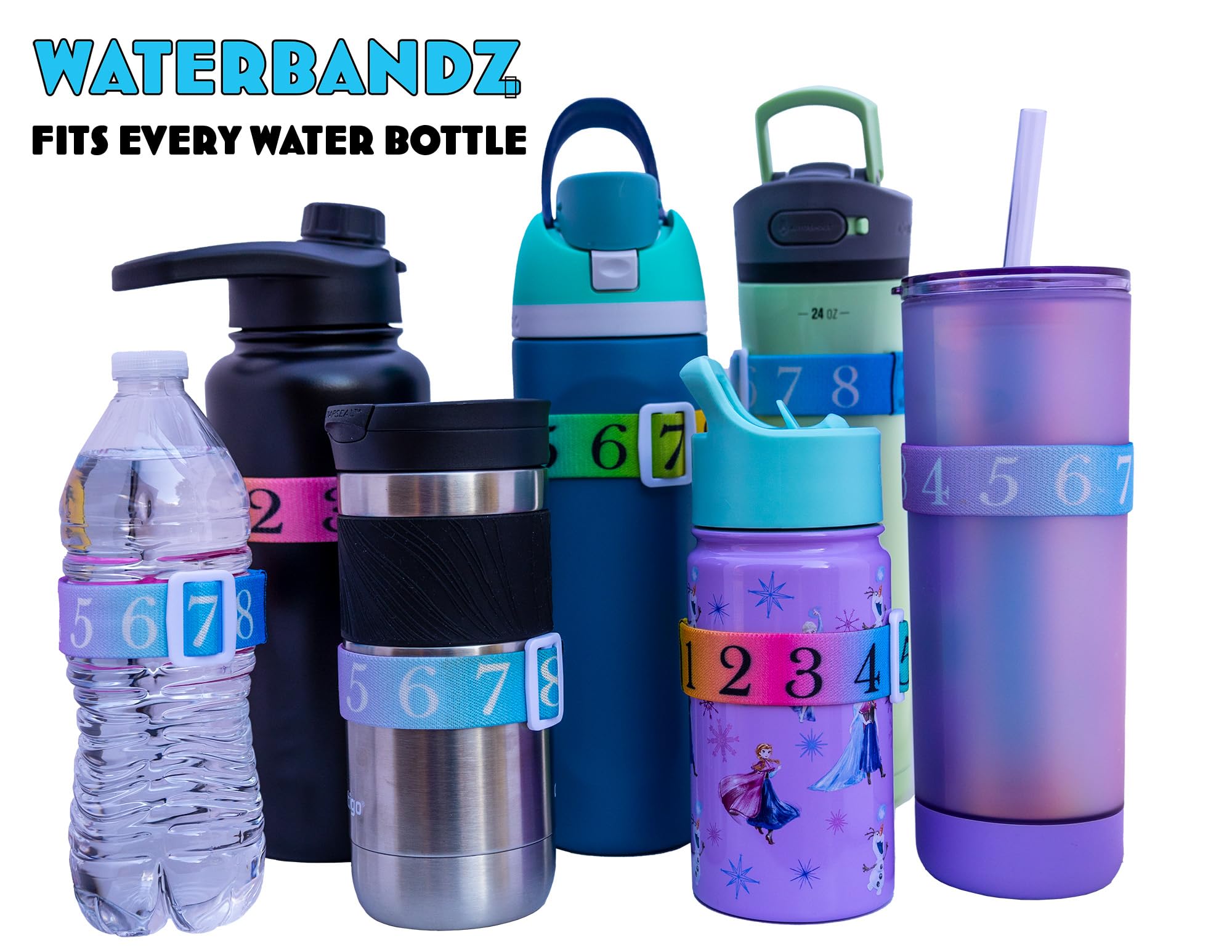 Waterbandz - Stay Hydrated: Elastic Fabric Bands Make Your Daily Water Intake Simple And Fun! Universal Size For Water Bottles,