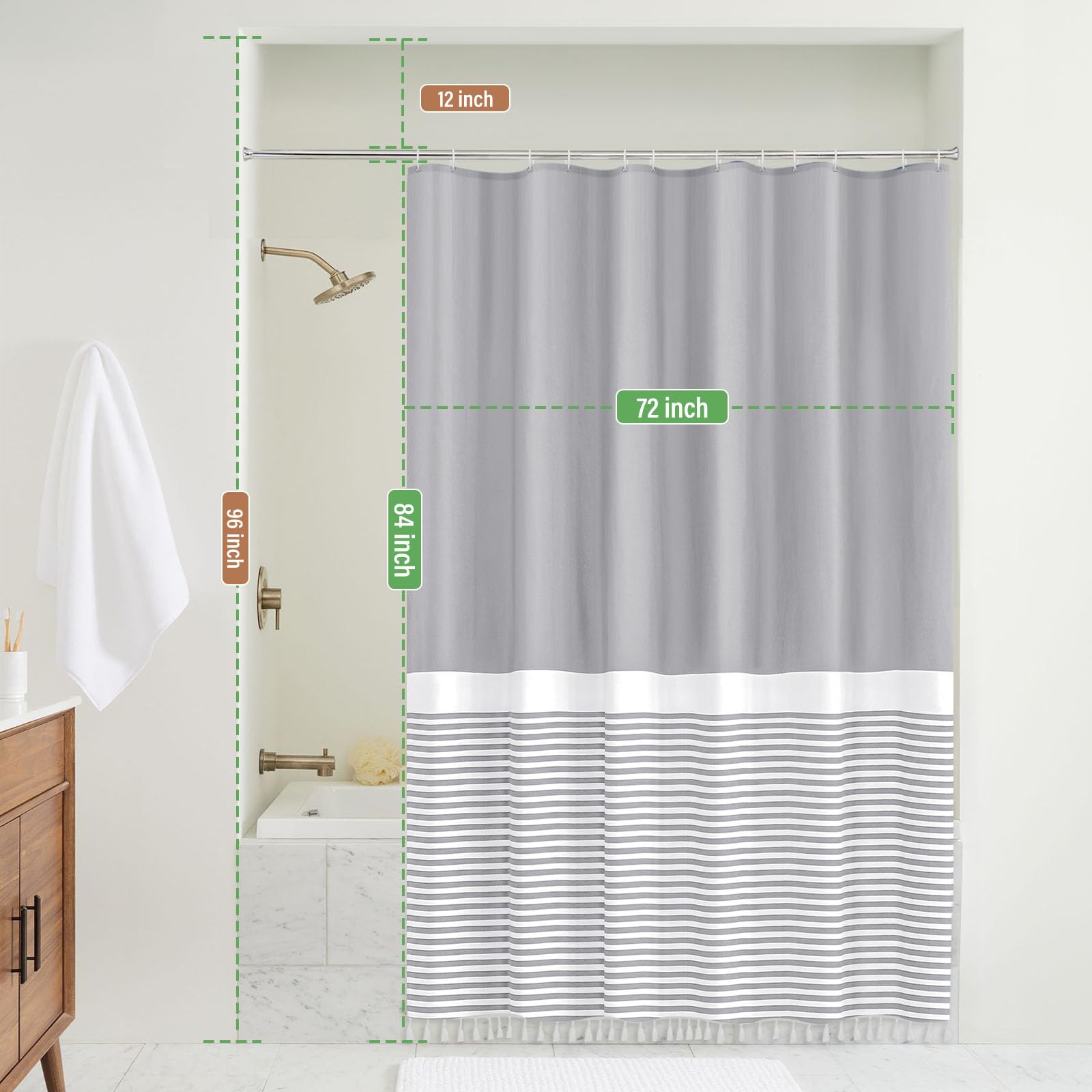 Extra Long Shower Curtains Modern Farmhouse Waterproof Shower Curtain Set With Hooks 72X84 Inch Grey Boho Fabric Weighted Shower