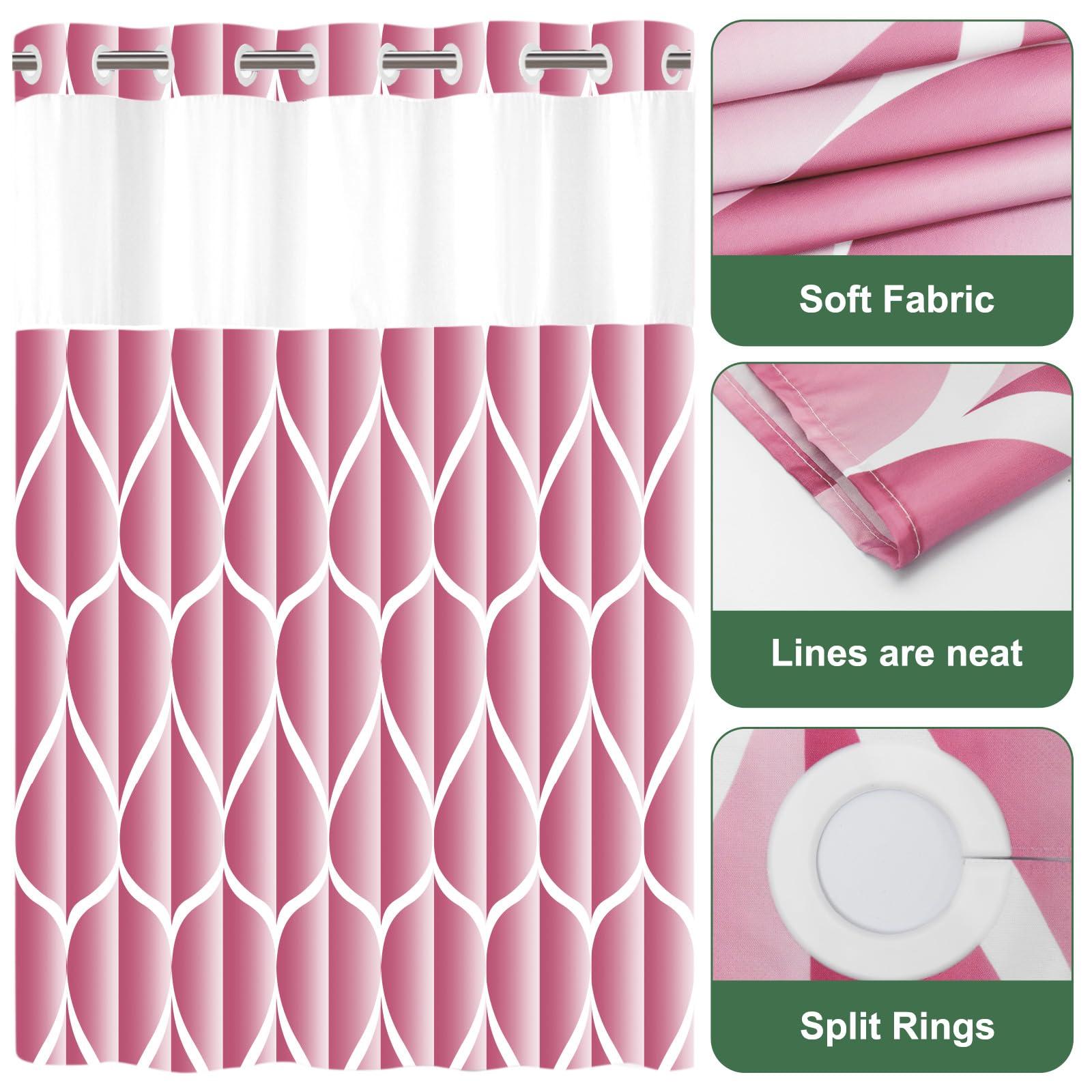 Yiatn No Hook Pale Mauve Shower Curtain With Snap In Fabric Liner Set - Hotel Style With See Through Mesh Top Window, Modern Geo