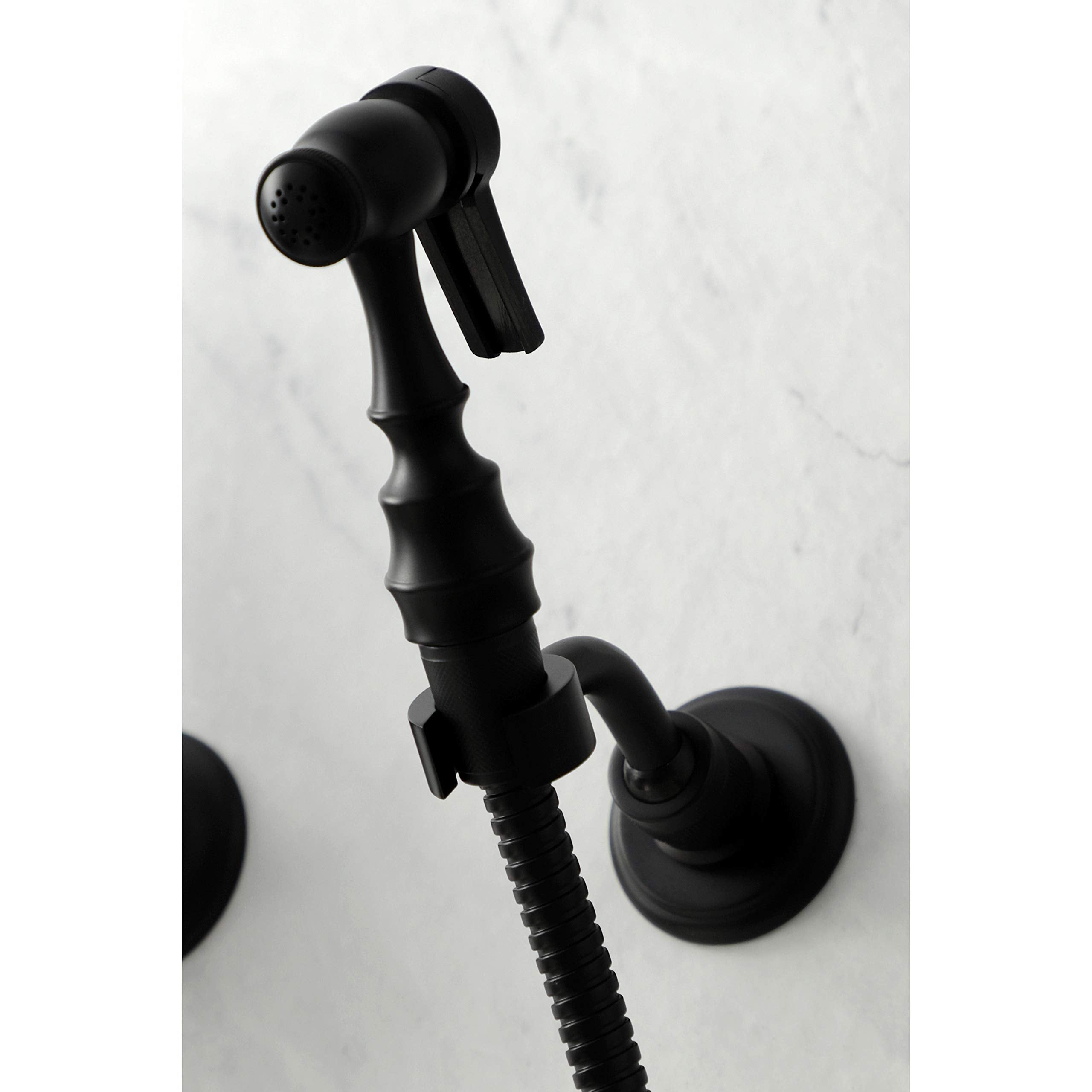 Kingston Brass KS1260PKLBS Duchess Wall Mount Bridge Kitchen Faucet with Brass Sprayer  Matte Black