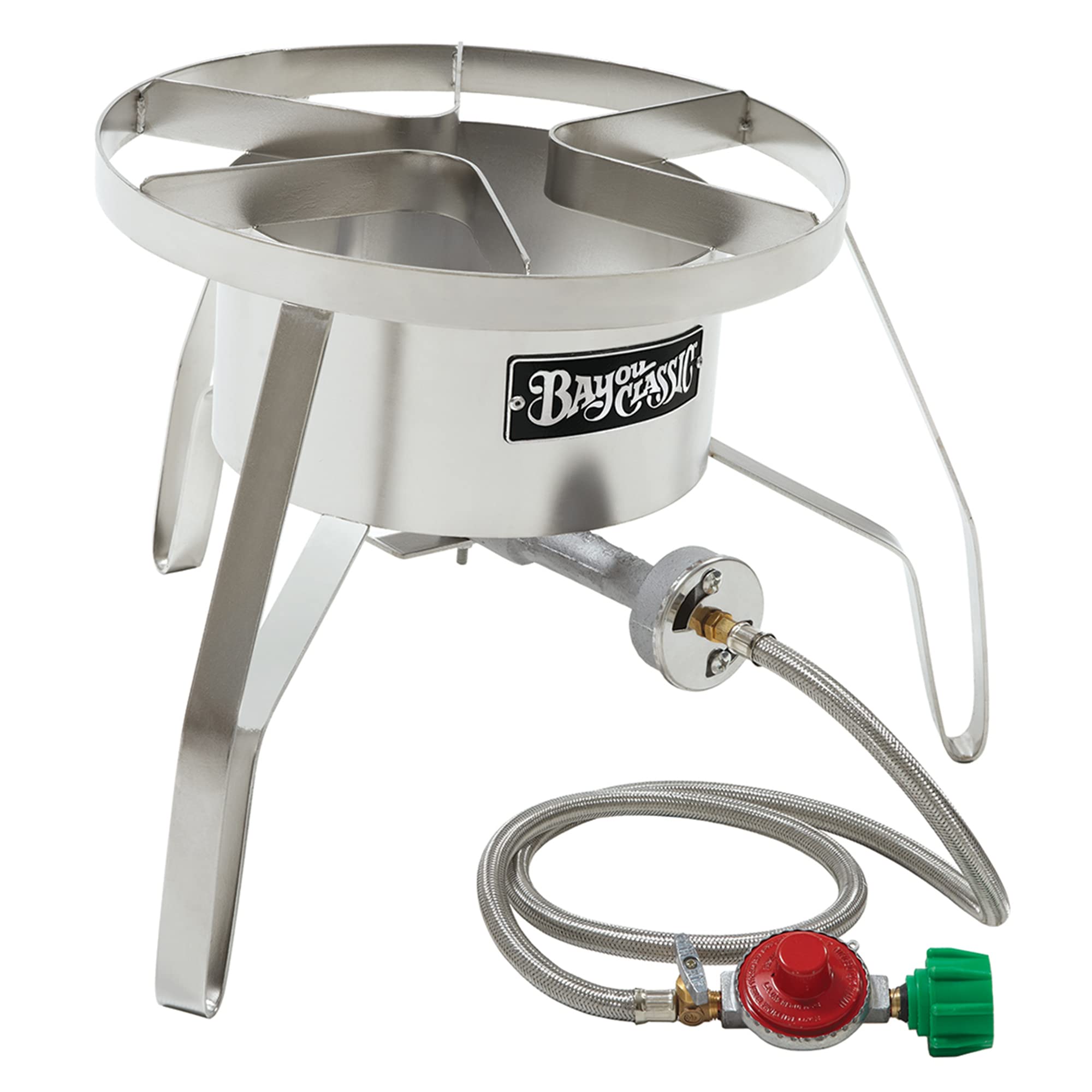 Bayou Classic SS10 14-in Stainless High Pressure Cooker Features 14-in Cooking Surface 12.5-in Tall Welded Frame 10-psi Pre-Set 