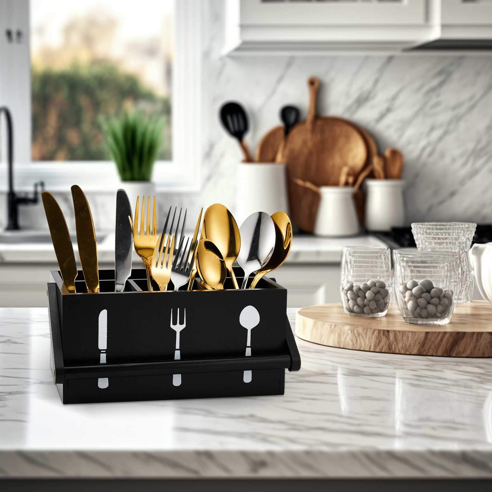 Geetery Acacia Utensil Caddy Silverware Caddy With Handle Wooden Multipurpose Countertop Flatware Napkin Caddy Utensil Organizer