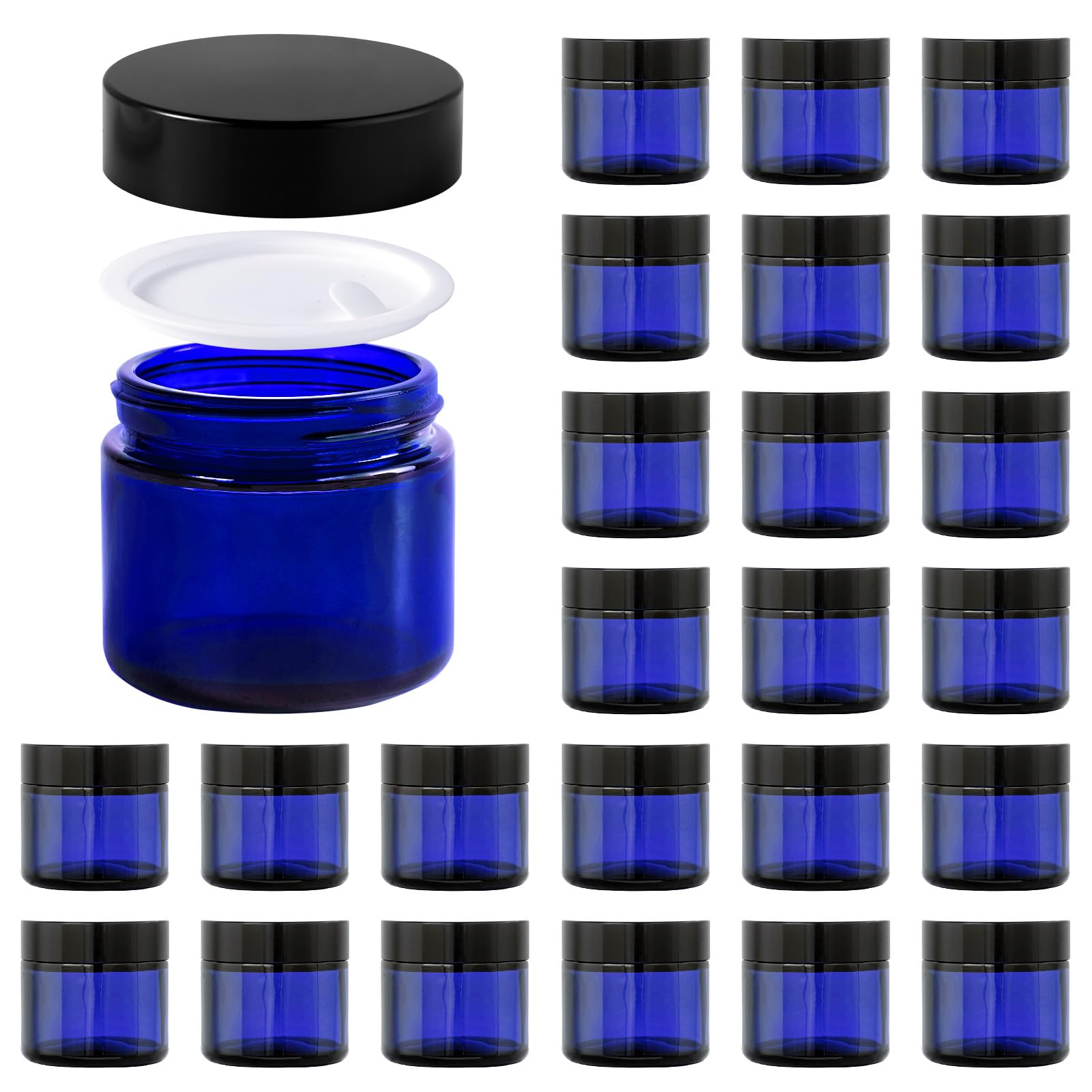 2Oz Jars With Lids, Hoa Kinh 24 Pack Blue Glass Jars With Lids Empty Cosmetic Containers Round Airtight Glass Jar With Inner Lin