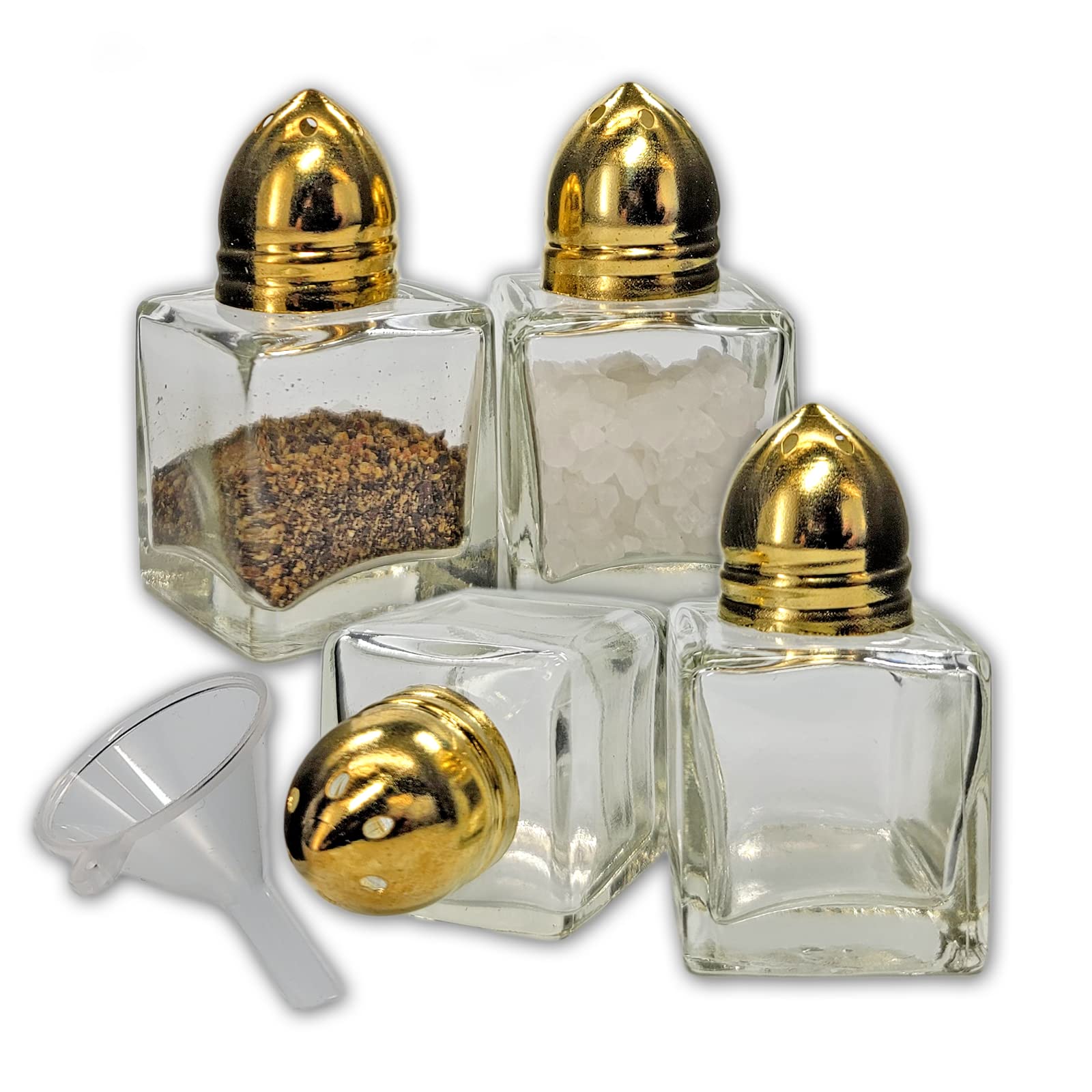 Pack Of 4 Clear Glass Mini Cube Salt & Pepper Shakers With Gold-Tone Tops And Bonus Easy Fill Funnel (Gold) By Netsellsit