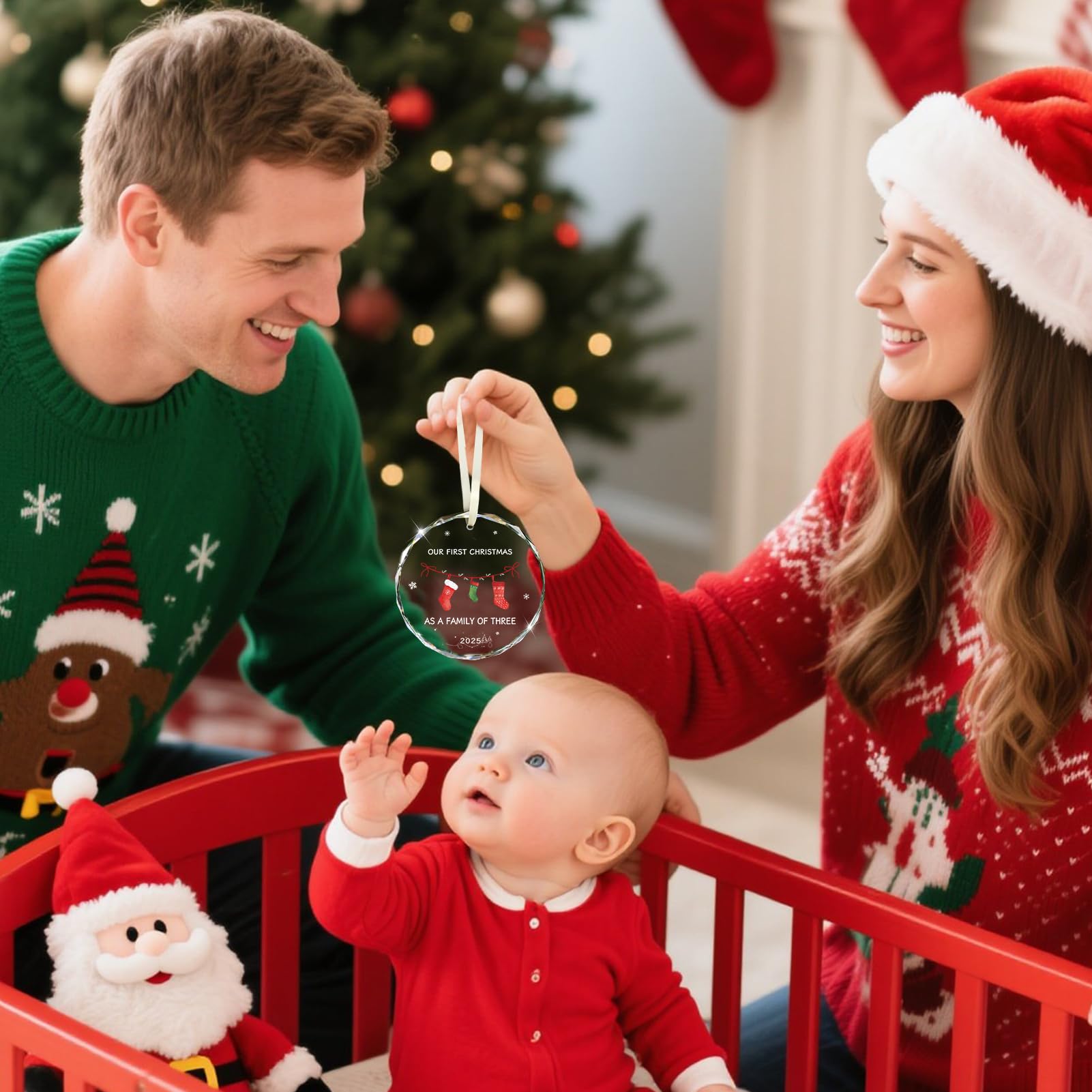 Family Christmas Ornaments 2025, Our First Christmas as A Family of Three Glass Ornament New Mom and Dad Gifts First Time 2025 K