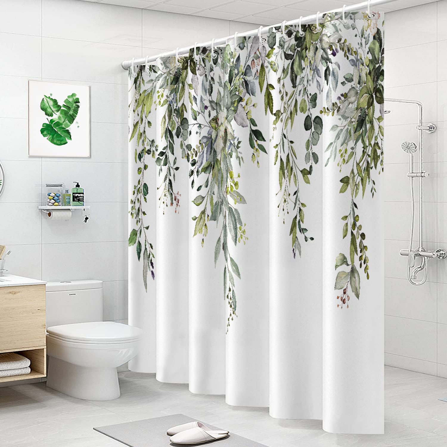 Nuseiis Long Eucalyptus Leaves Shower Curtain, 72"x78", Green Fabric with Hooks, Watercolor Floral Bathroom Decor