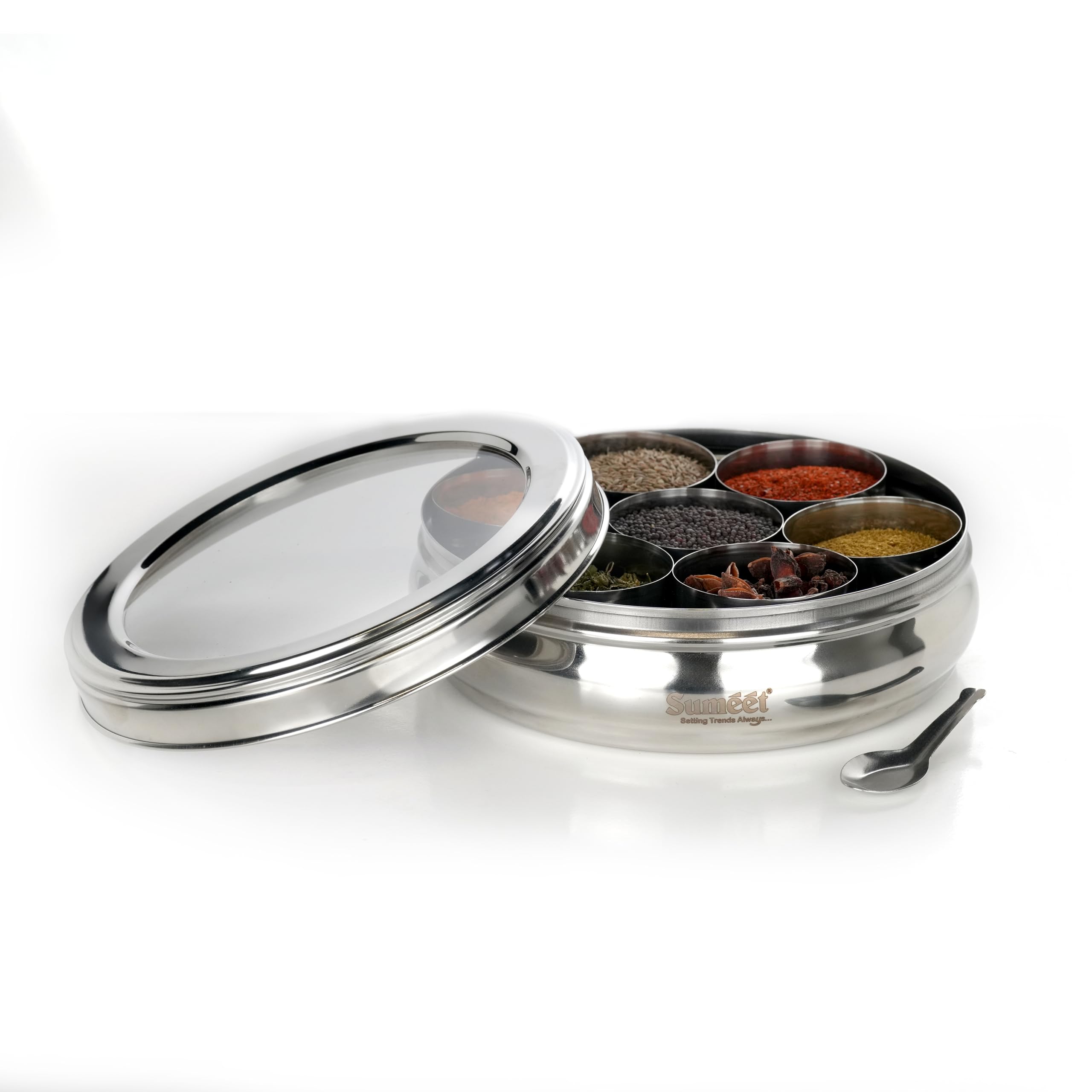 Sumeet Stainless Steel Belly Shape Masala (Spice) Box/Dabba/Organiser With See Through Lid With 7 Containers And Small Spoon (Bi