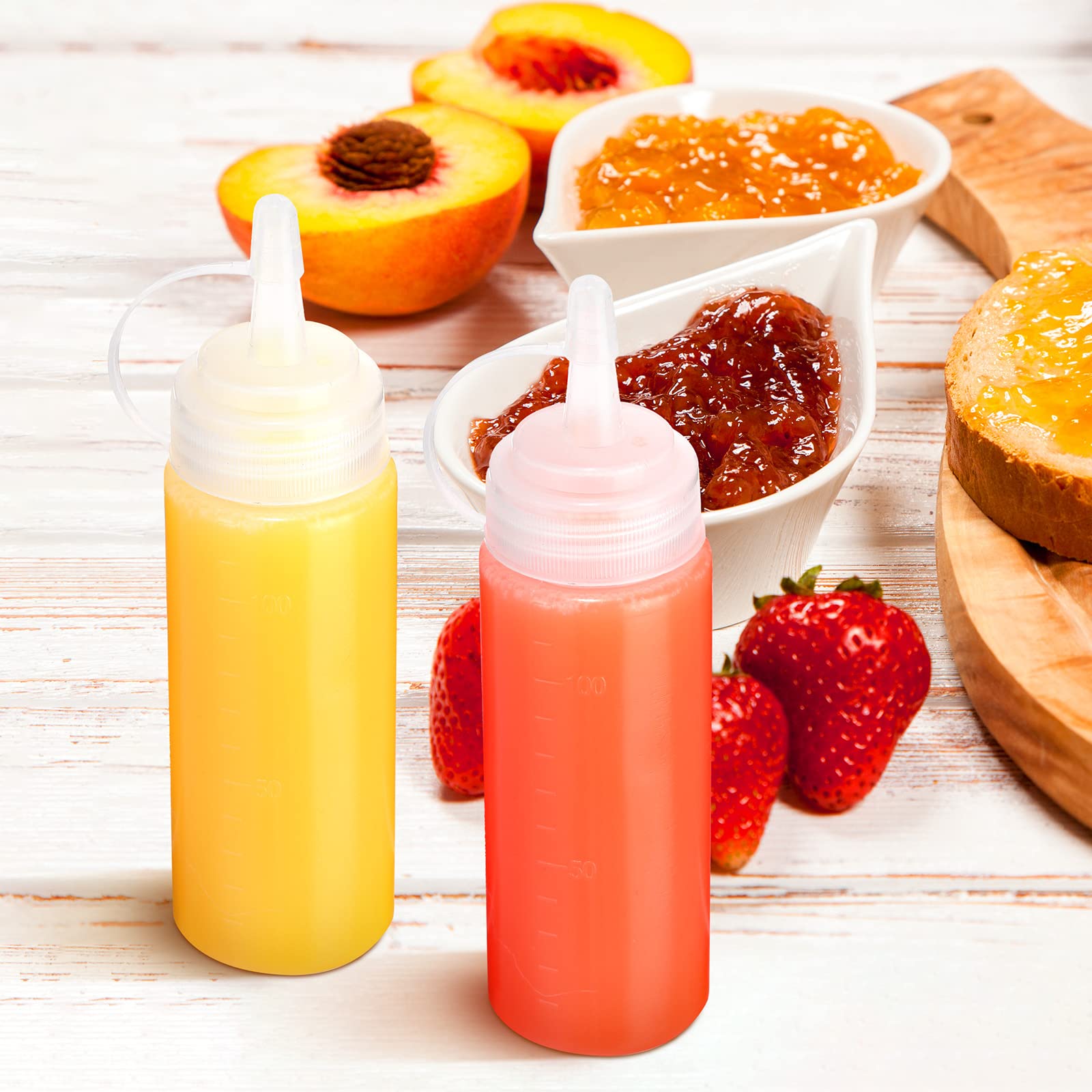 Hoolerry 32 Pcs 4Oz Plastic Squeeze Bottles Condiment Squirt Bottle Set With Discrete Measurements Dressing Container Ketchup Di