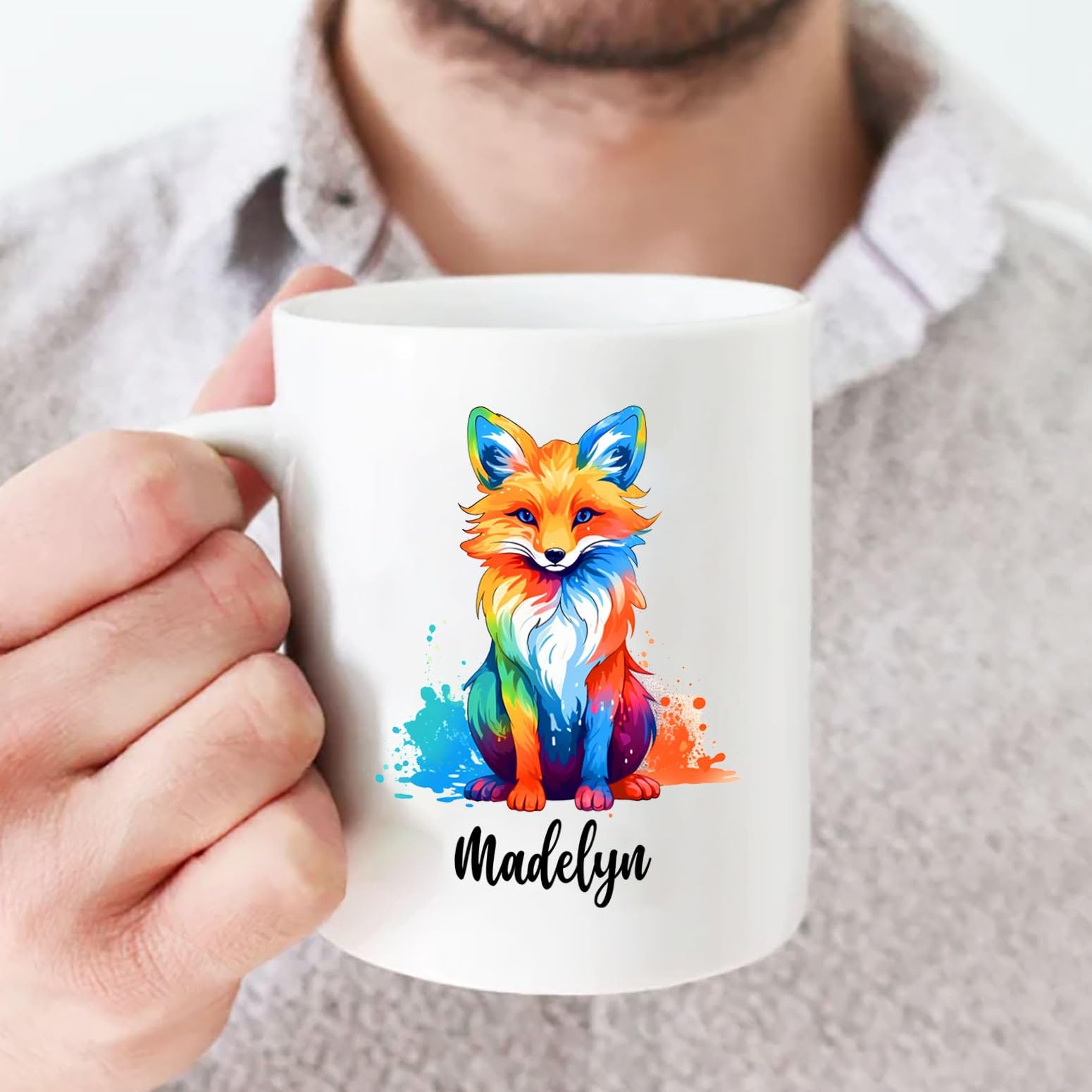 Personalized Fox White Coffee Mug With Choose Name, Fox Animal Lover Ceramic Tea Cup 11 15 Oz, Custom Fox Color Coffee Cup Gift
