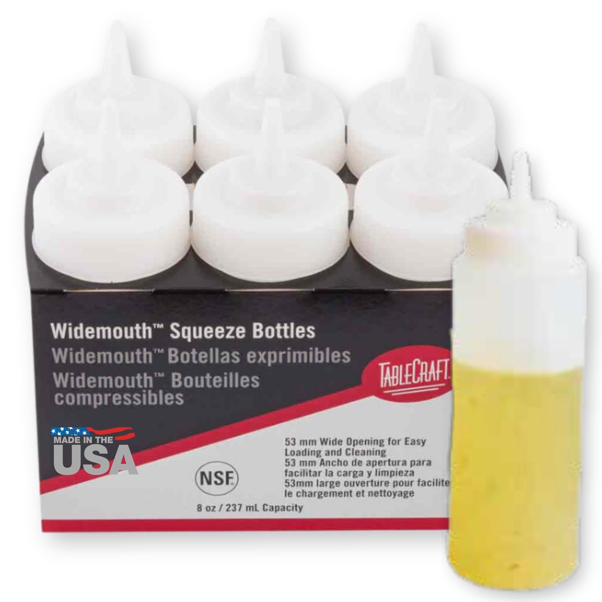 TableCraft C10853C Widemouth Squeeze Bottles, 8 Ounces, White, Polyethylene, Pack of 6, Large 63mm Opening for Easy Filling, Sta
