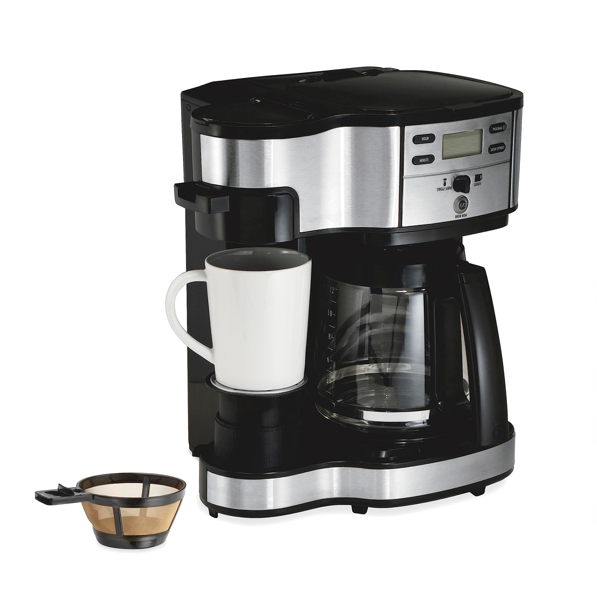 Hamilton Beach 2-Way 12 Cup Programmable Drip Coffee Maker & Single Serve Machine, Glass Carafe, Auto Pause And Pour, Black (499
