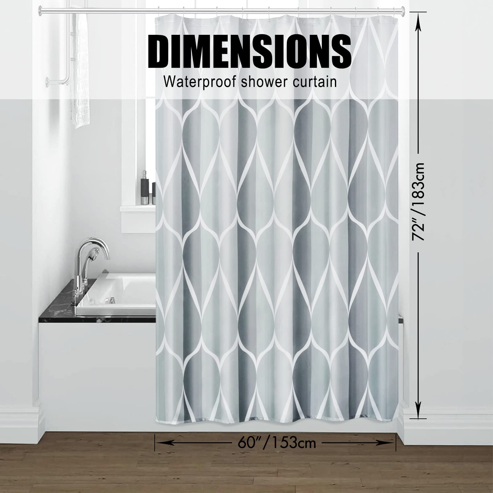 Gelbchu Grey Fabric Geometric Shower Curtain W 60 x H 72 Waterproof Design and Polyester  Quick-Drying  Weighted Hem  Stall Size Shower Curtains Set for Bathroom  Durable and Washable with 10 Hooks