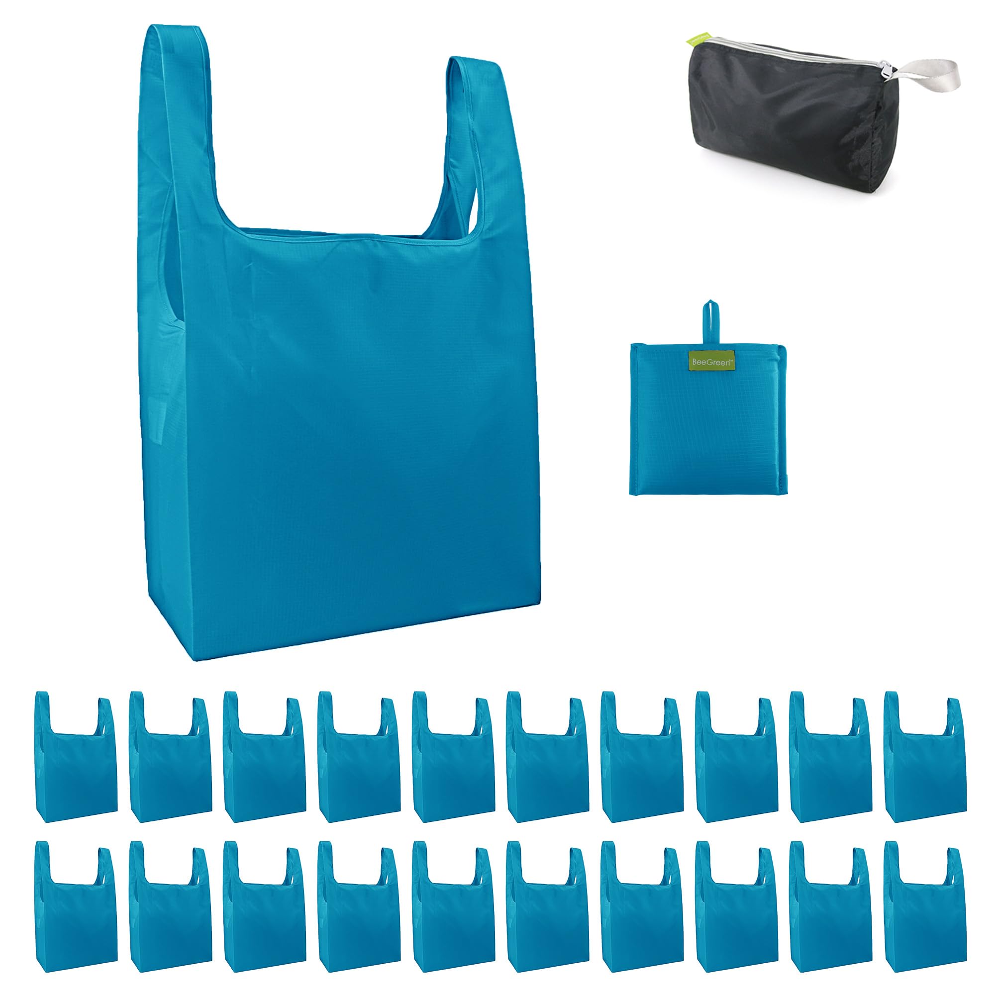 BeeGreen Light Blue Reusable Shopping Bags Wholesale Blue Reusable Grocery Bags Bulk Foldable-Machine Washable with Zipper Stora