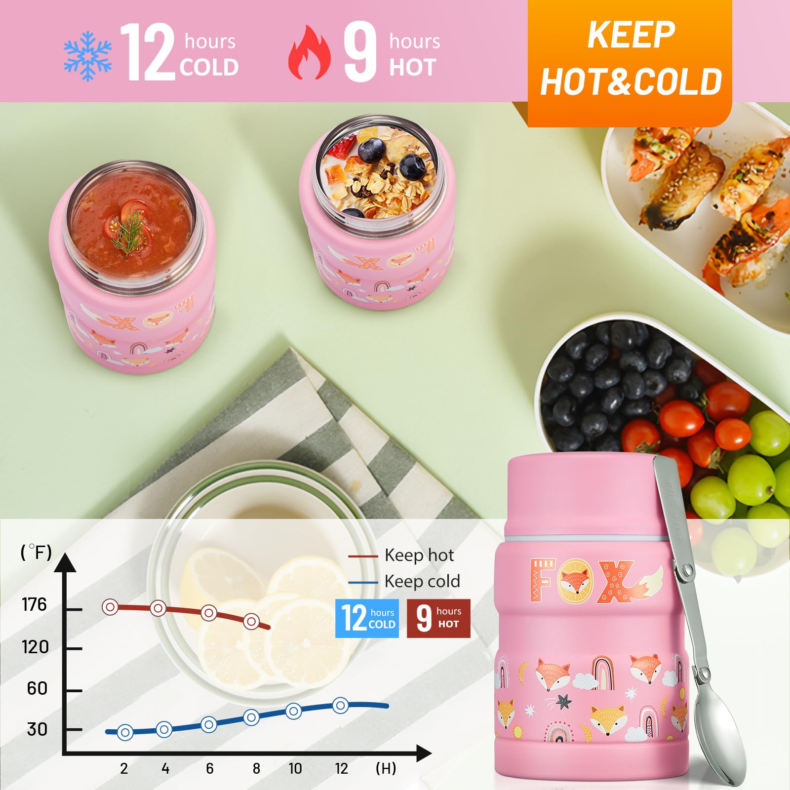 Charcy 17Oz Thermo For Hot Food, Insulated Lunch Food Container With Folding Spoon Qb - Pink Fox