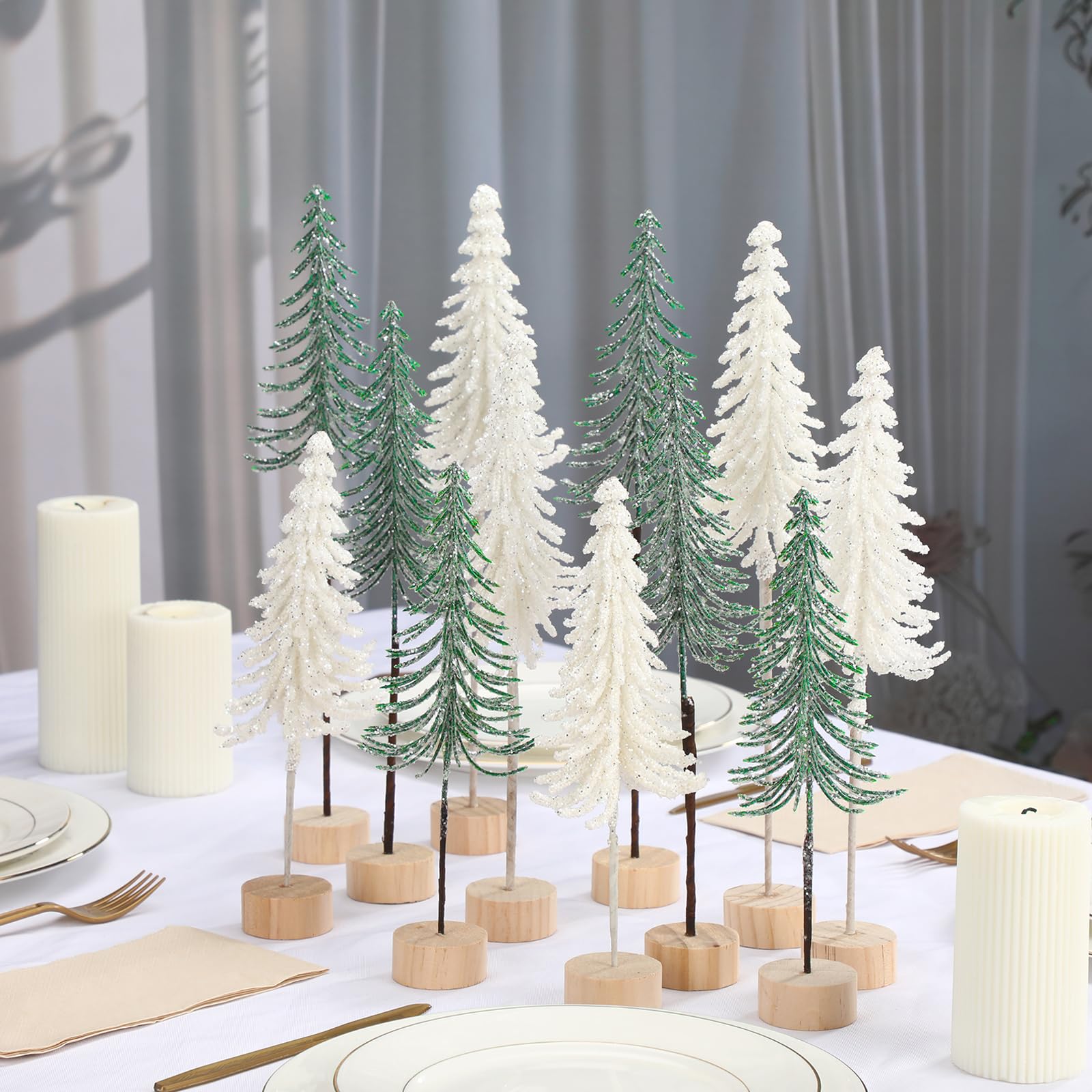 Jetec 6 Pcs Tabletop Mini Christmas Tree Small Alpine Trees Artificial Pine Christmas Tree with Wooden Base Snow Frost Trees or