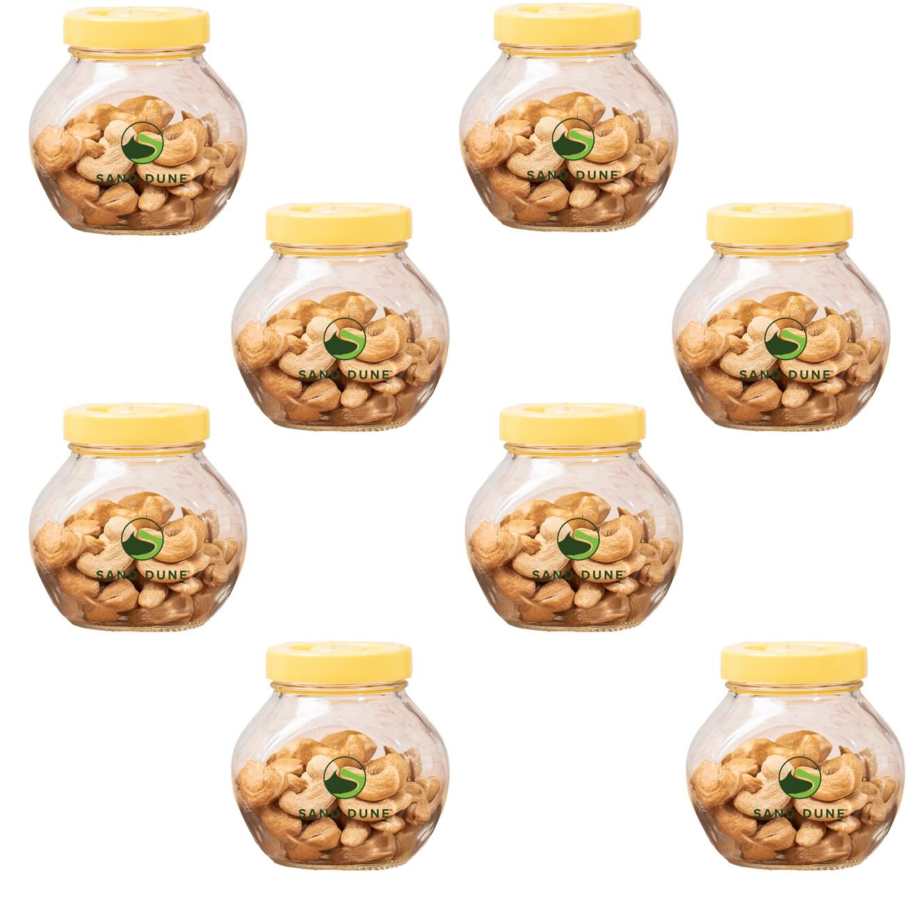 Sand Dune Set Of 8, 200 Ml Each Storage Glass Jar Yellow Plastic Cap, Transparent | Bpa Free | Storage Jar Containers/Barni For 