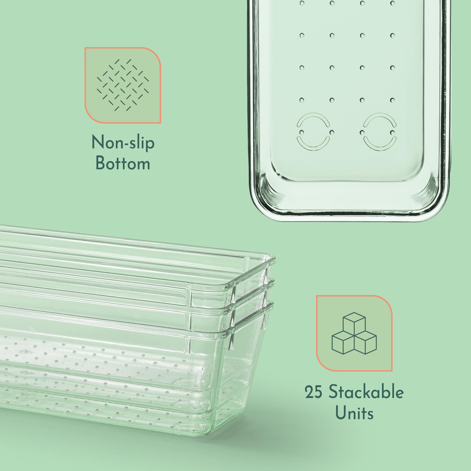 Ruboxa Clear Drawer Organizer, [25 PCS] Plastic Organizers for Home Organization and Storage, Including 4 Sizes Small Bins, Non-