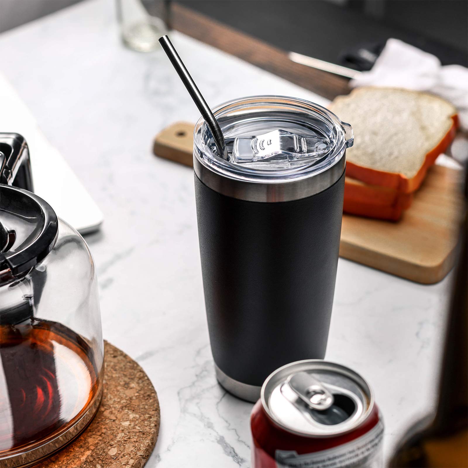 Comooo 20Oz Black Tumbler Double Wall Vacuum Insulated Coffee Travel Mug Stainless Steel Tumbler With Lid And Straw Coffee Cup F