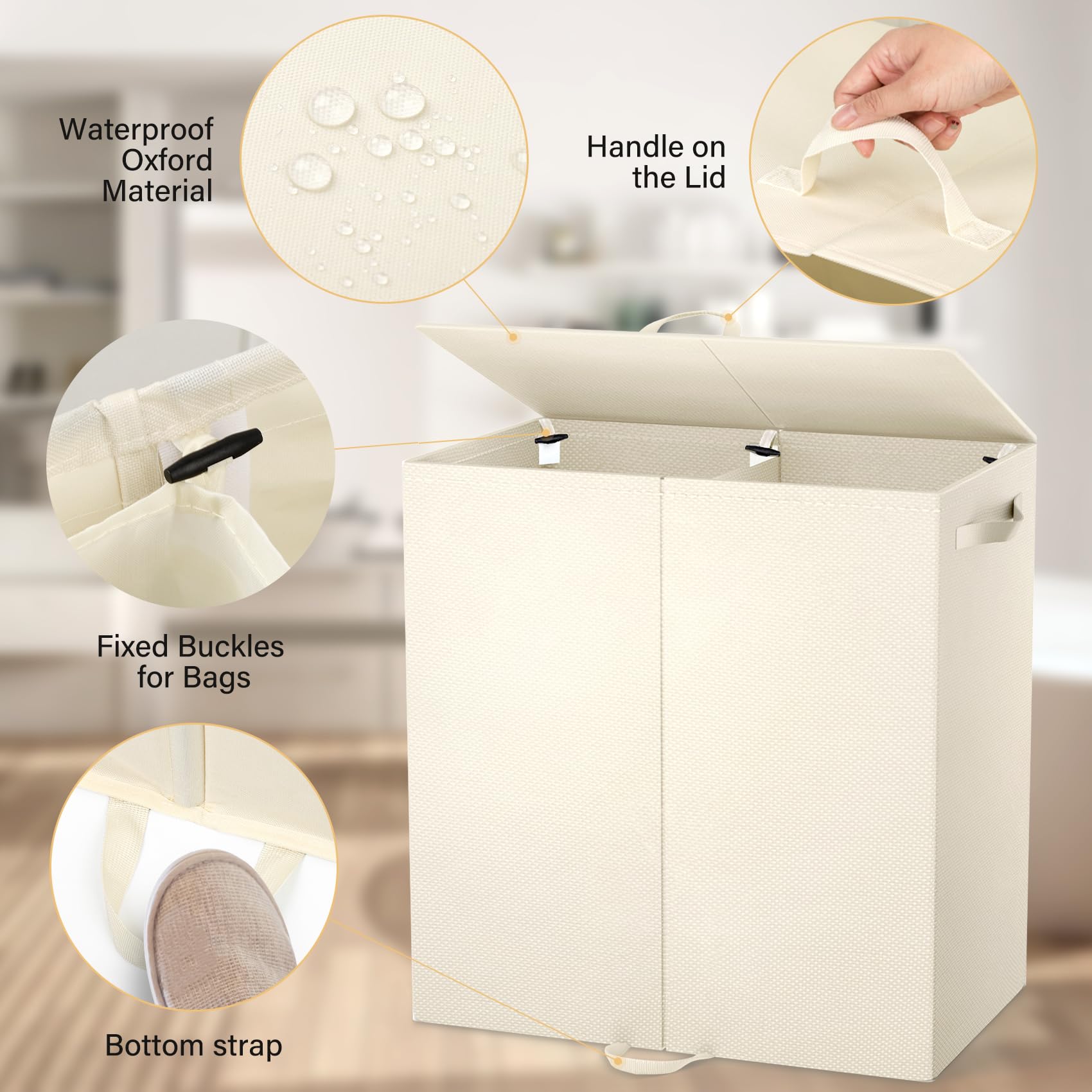 Double Laundry Hamper With Lid And 4 Removable Laundry Bags, Collapsible Laundry Hamper 2 Section Dirty Clothes Hamper With Hand