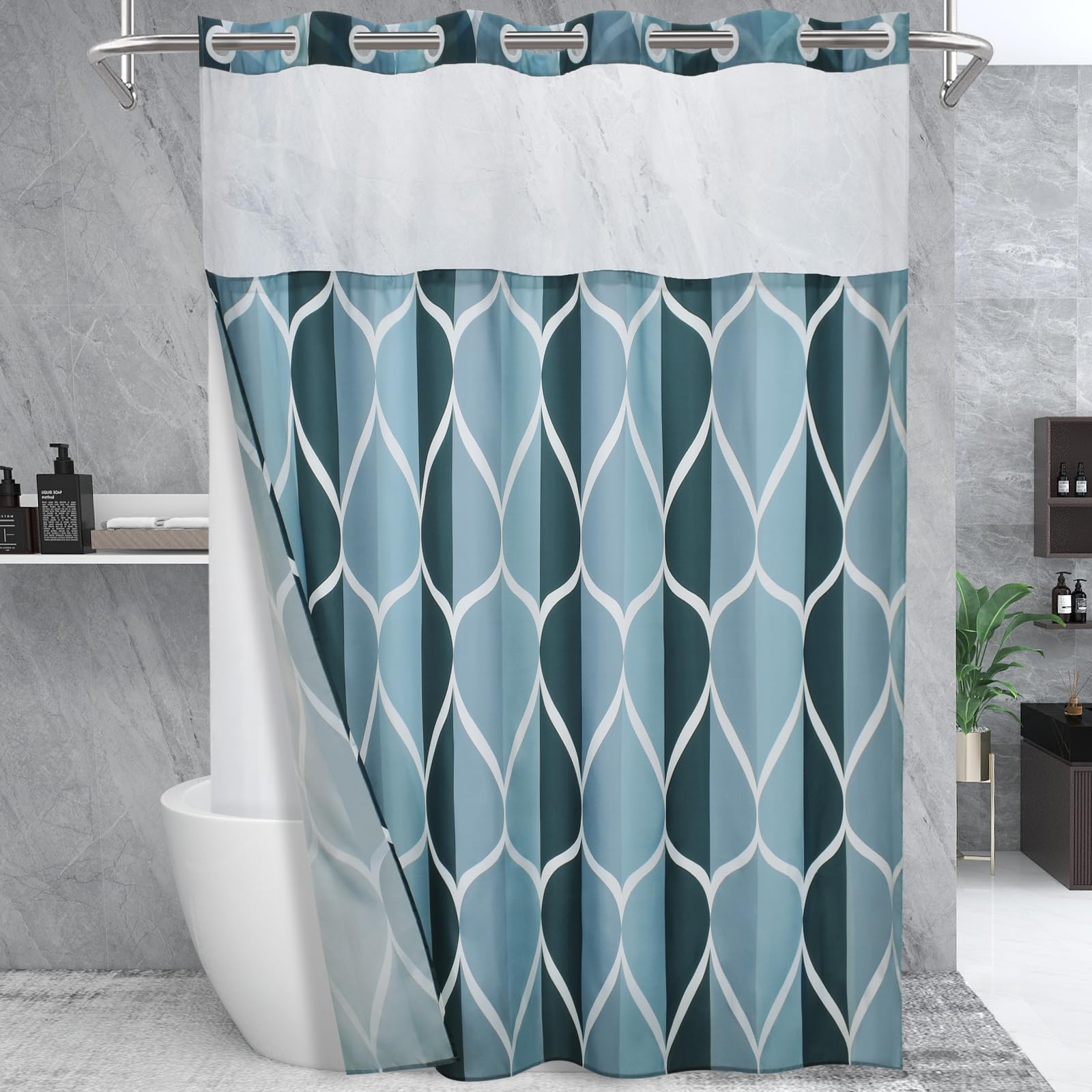 Yiatn No Hook Aegean Blue Long Shower Curtain With Snap In Fabric Liner Set - Hotel Style With See Through Mesh Top Window, Mode