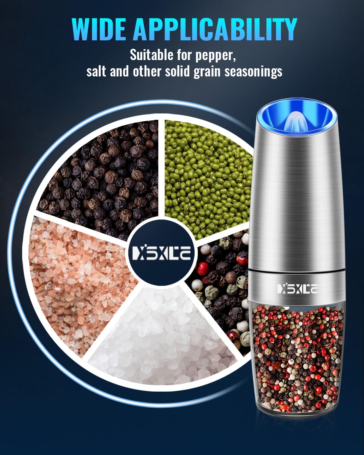 XinXu Gravity Electric Pepper/Salt Grinder, Salt and Pepper Mill & Adjustable Coarseness, Battery Powered with LED Light, One Ha