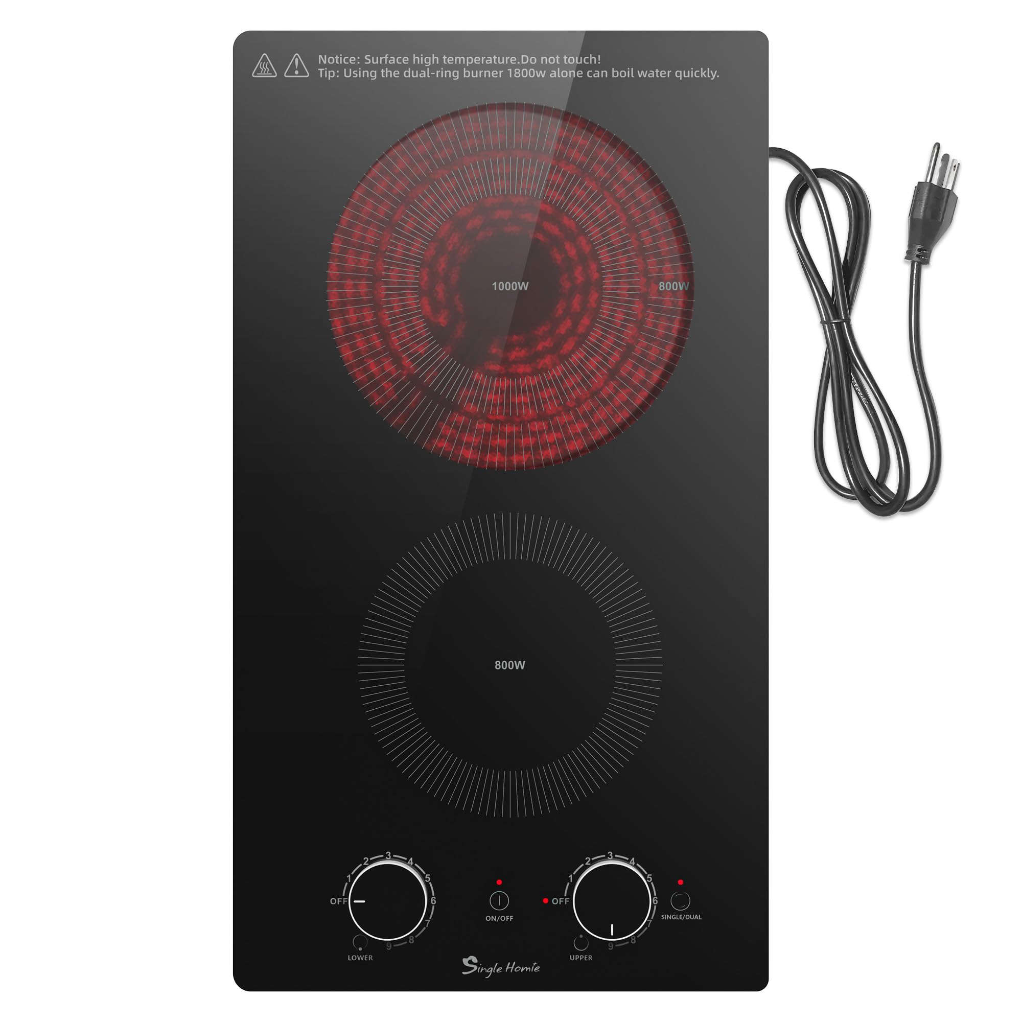 2 Burner Electric Cooktop 110v, Plug in Electric Burner, Countertop & Built-in Stove Top Burner with Knob Control, 9 Power Level