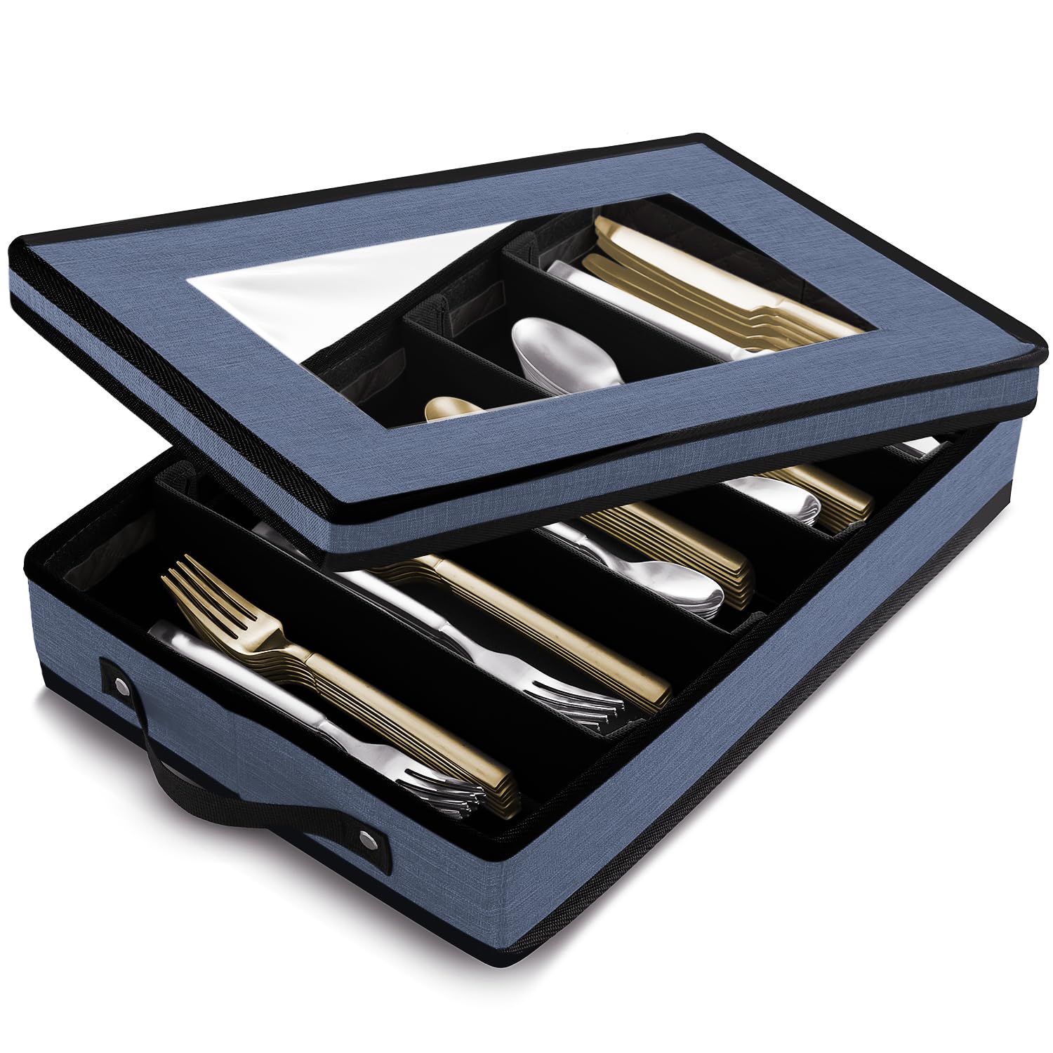 Flatware & Utensil Storage, Durable Silverware Storage Box with Padded Dividers, 5 Compartment Flatware Storage Case, Silverware