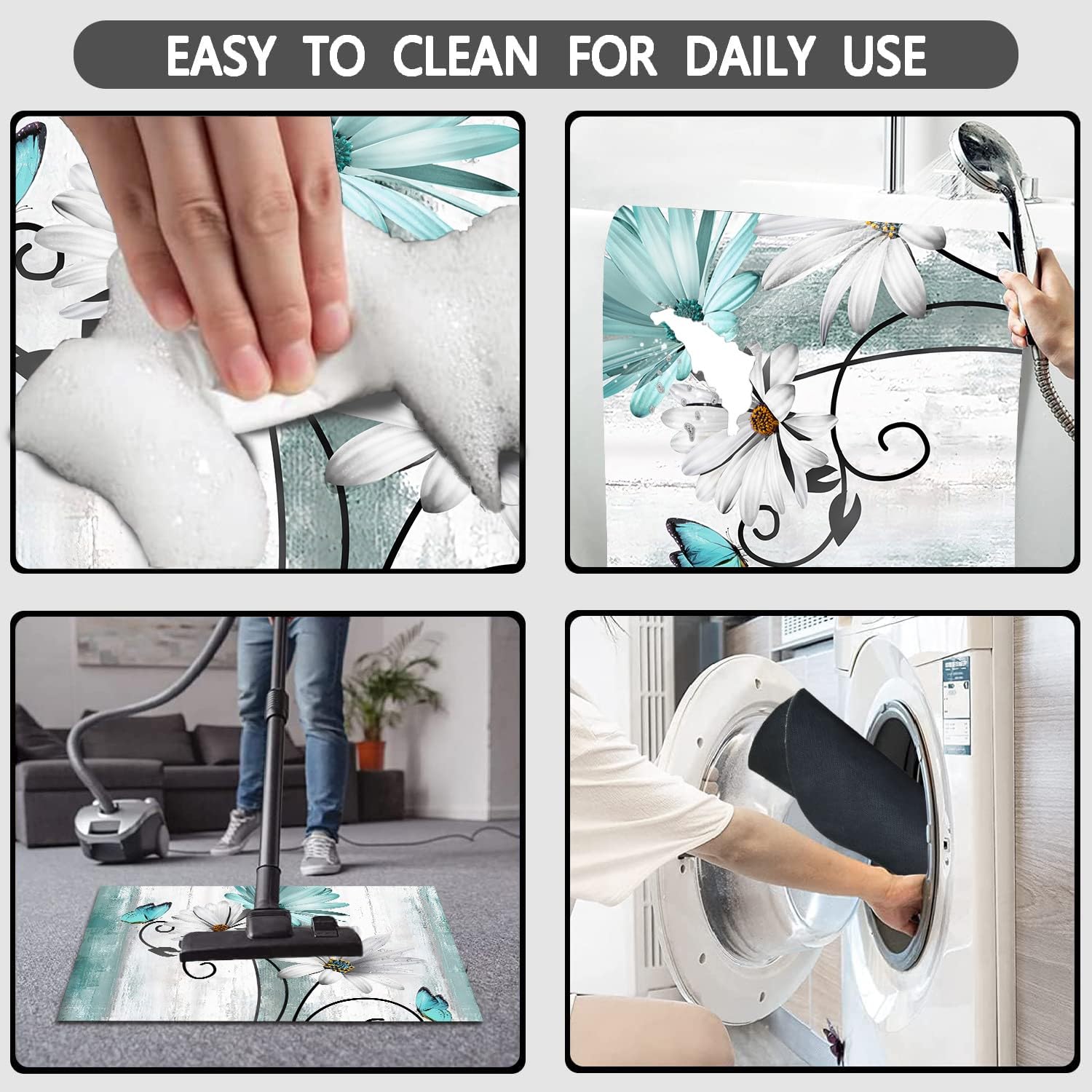 Muginyu Teal Daisy Floral Bath Rug Sets 3 Piece, Rustic Farm Farmhouse Bath Mat Quick Dry Thin Rubber Diatomaceous Earth Turquoi