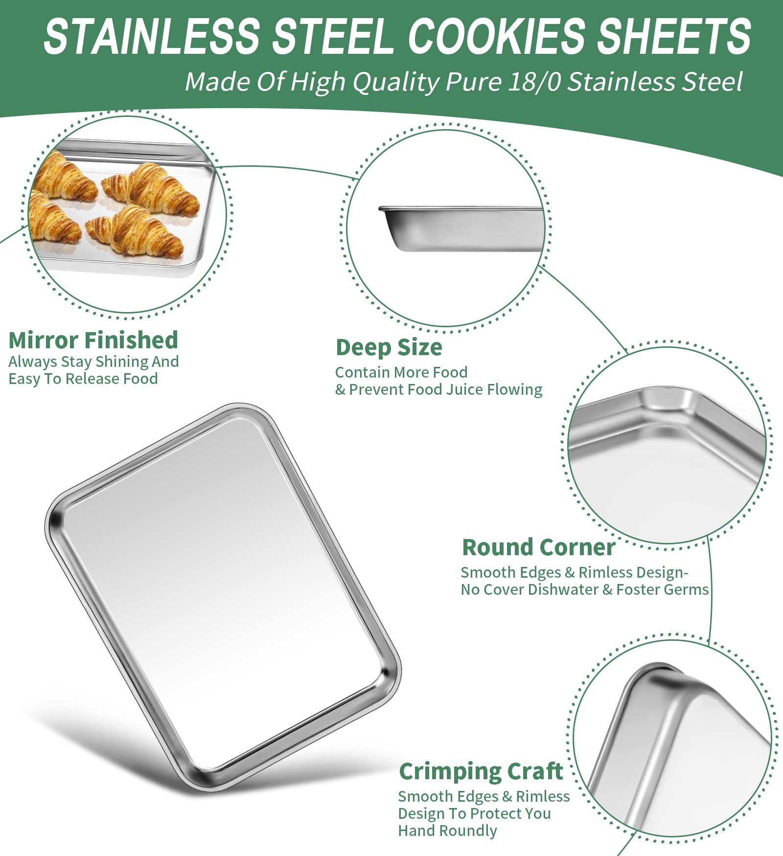 Baking Sheets Set Of 2, Hkj Chef Cookie Sheets 2 Pieces & Stainless Steel Baking Sheet & Toaster Oven Tray Pans, Rectangle Size